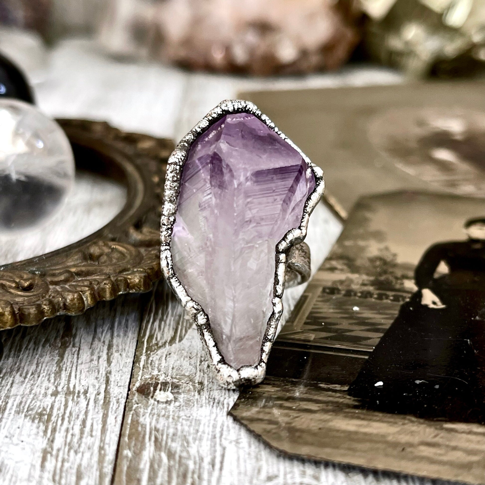 Size 6 Big Raw Amethyst Purple Crystal Ring in Fine Silver / Foxlark Collection - One of a Kind.