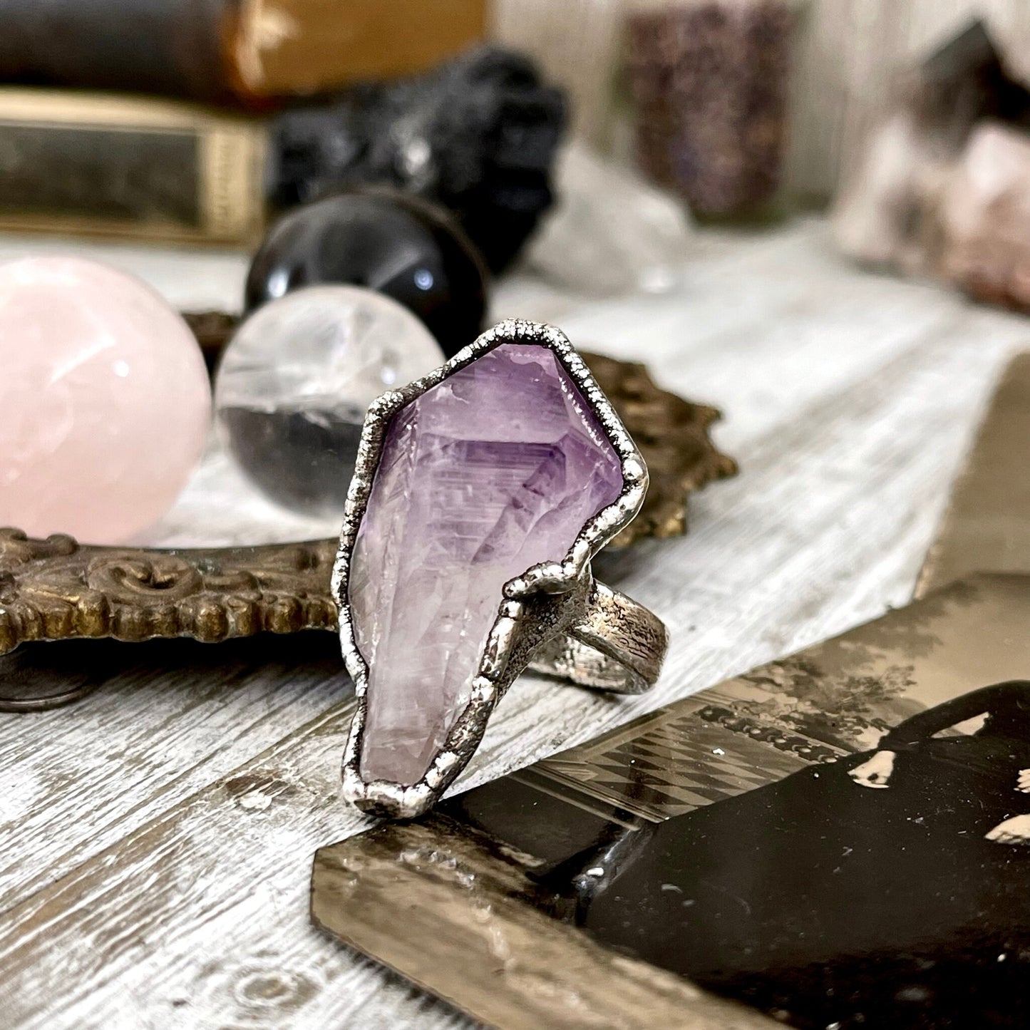 Size 6 Big Raw Amethyst Purple Crystal Ring in Fine Silver / Foxlark Collection - One of a Kind.