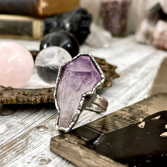 Size 6 Big Raw Amethyst Purple Crystal Ring in Fine Silver / Foxlark Collection - One of a Kind.