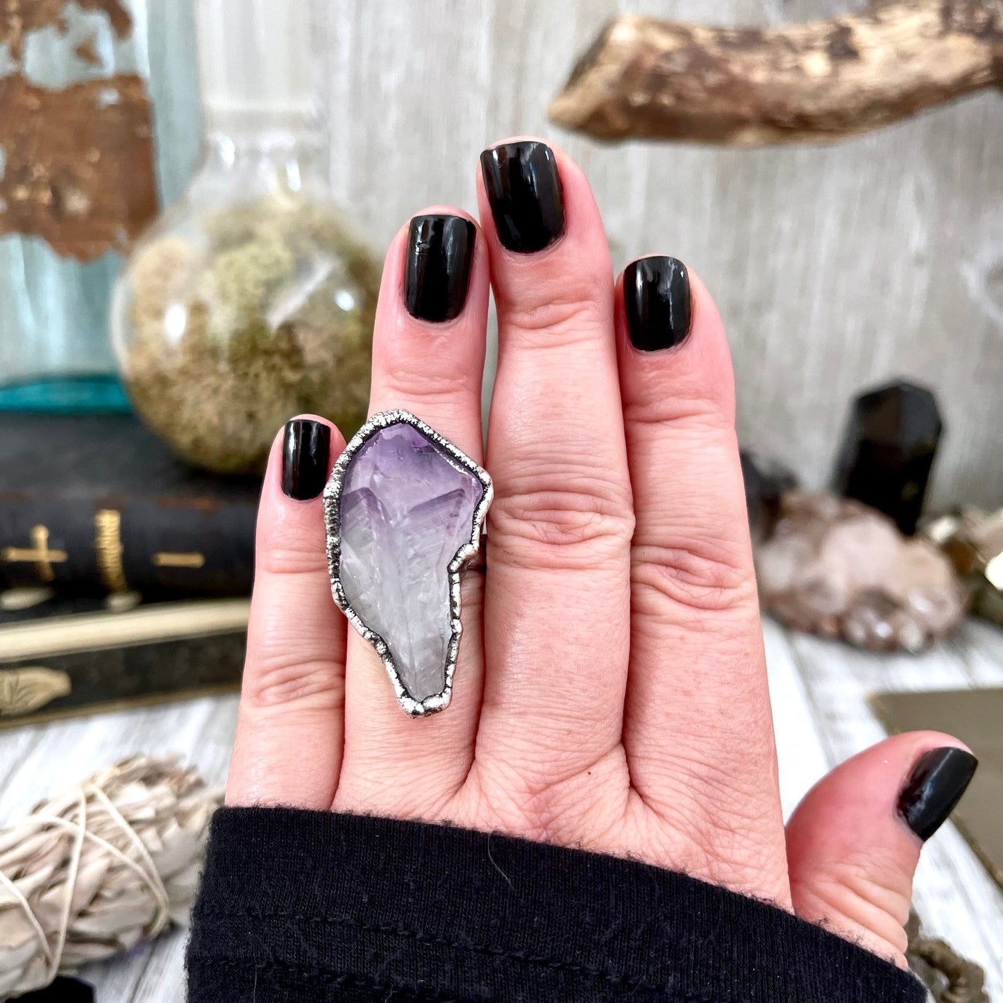 Size 6 Big Raw Amethyst Purple Crystal Ring in Fine Silver / Foxlark Collection - One of a Kind.