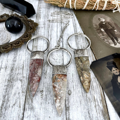 Crazy Lace Agate Necklace in Silver / Large Stone Necklace.