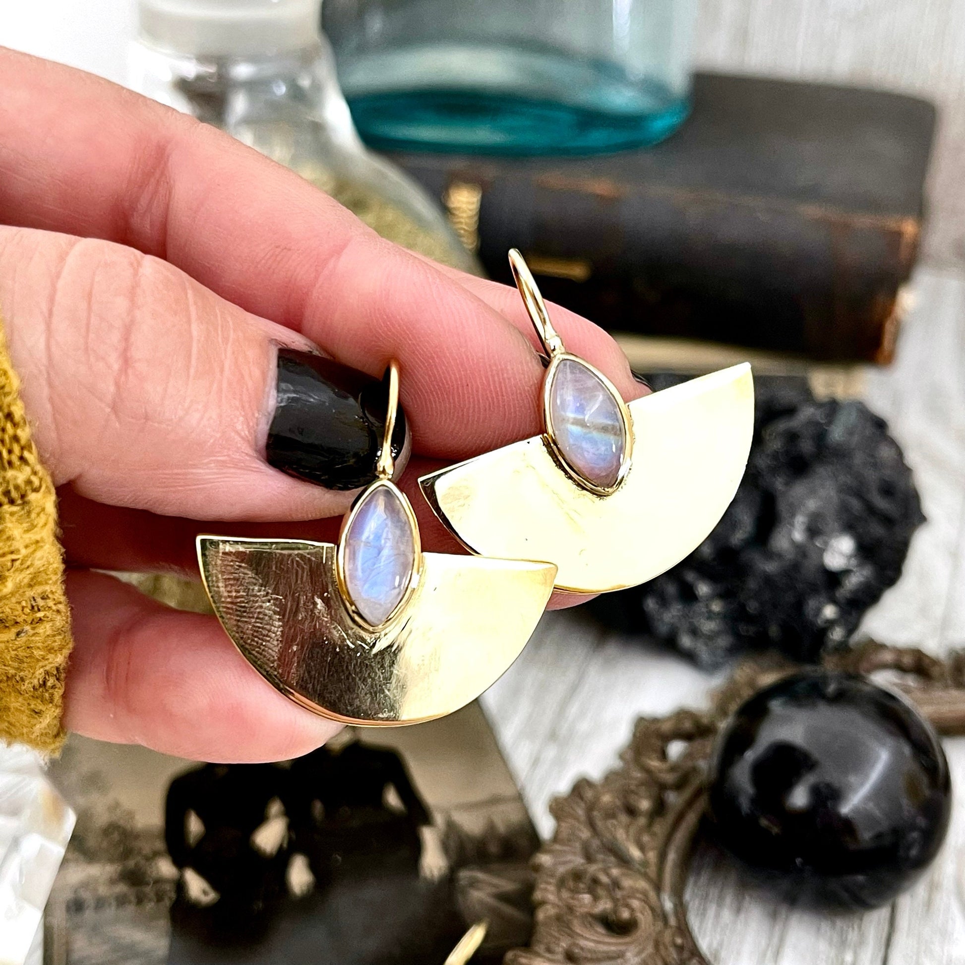 Brass Decorated Moonstone Detail Earrings.