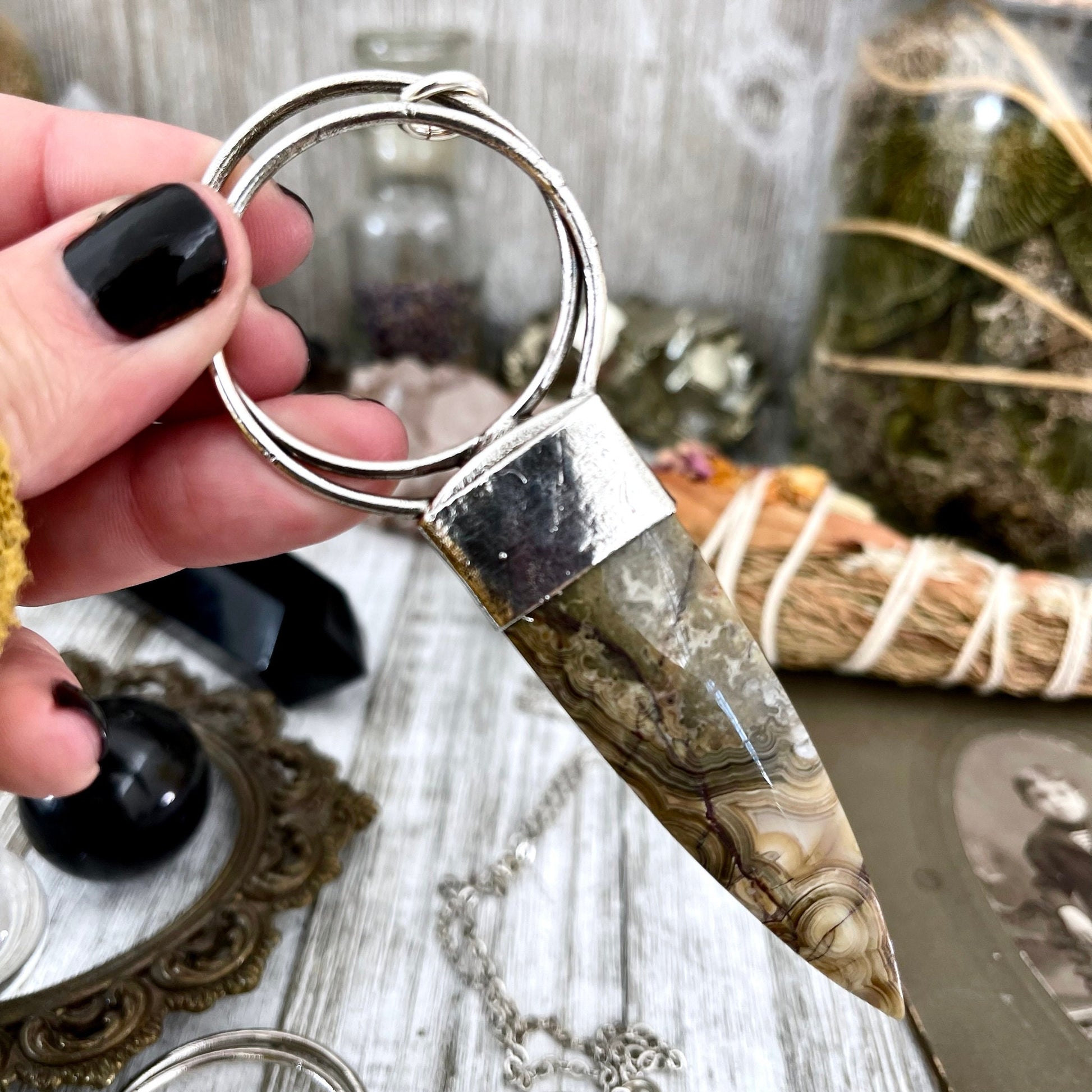 Crazy Lace Agate Necklace in Silver / Large Stone Necklace.