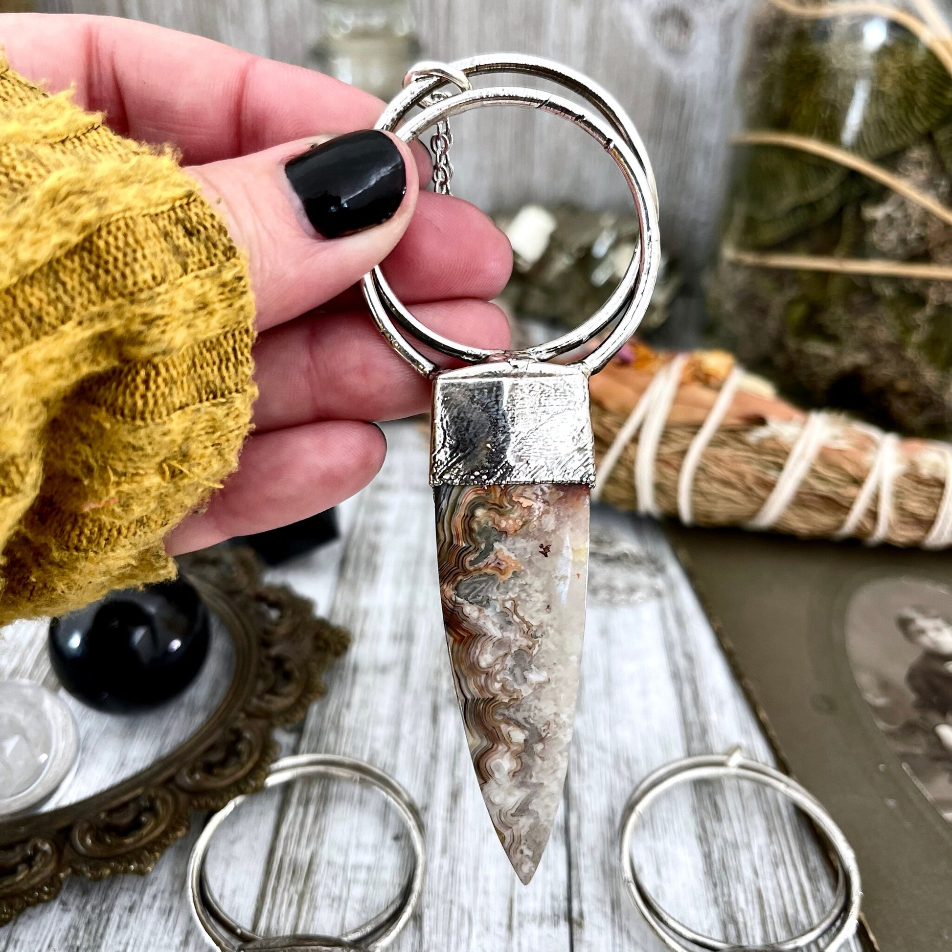 Crazy Lace Agate Necklace in Silver / Large Stone Necklace.