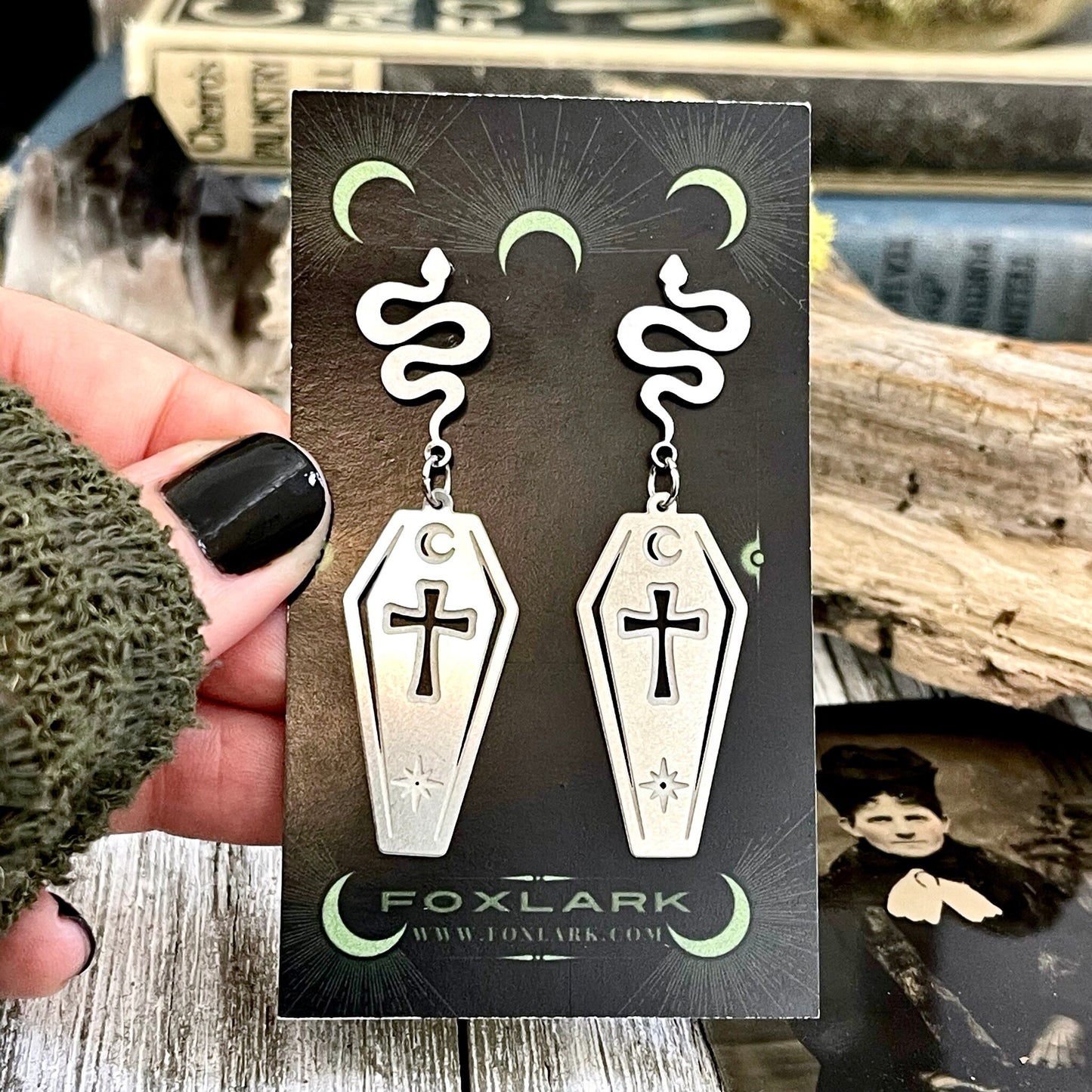 Coffin and Snake Earrings in Stainless Steel Earrings / Hypoallergenic Gothic Earring.