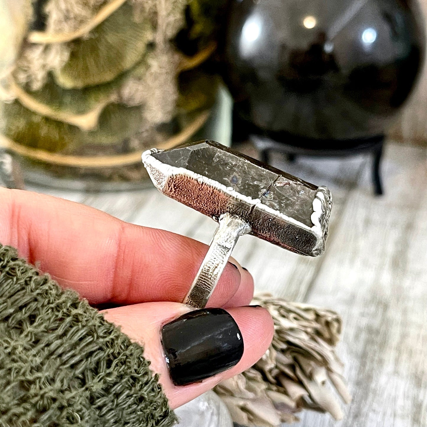 Size 7.5 Raw Smoky Quartz Crystal Cluster Ring Set in Fine Silver / Foxlark Collection - One of a Kind.