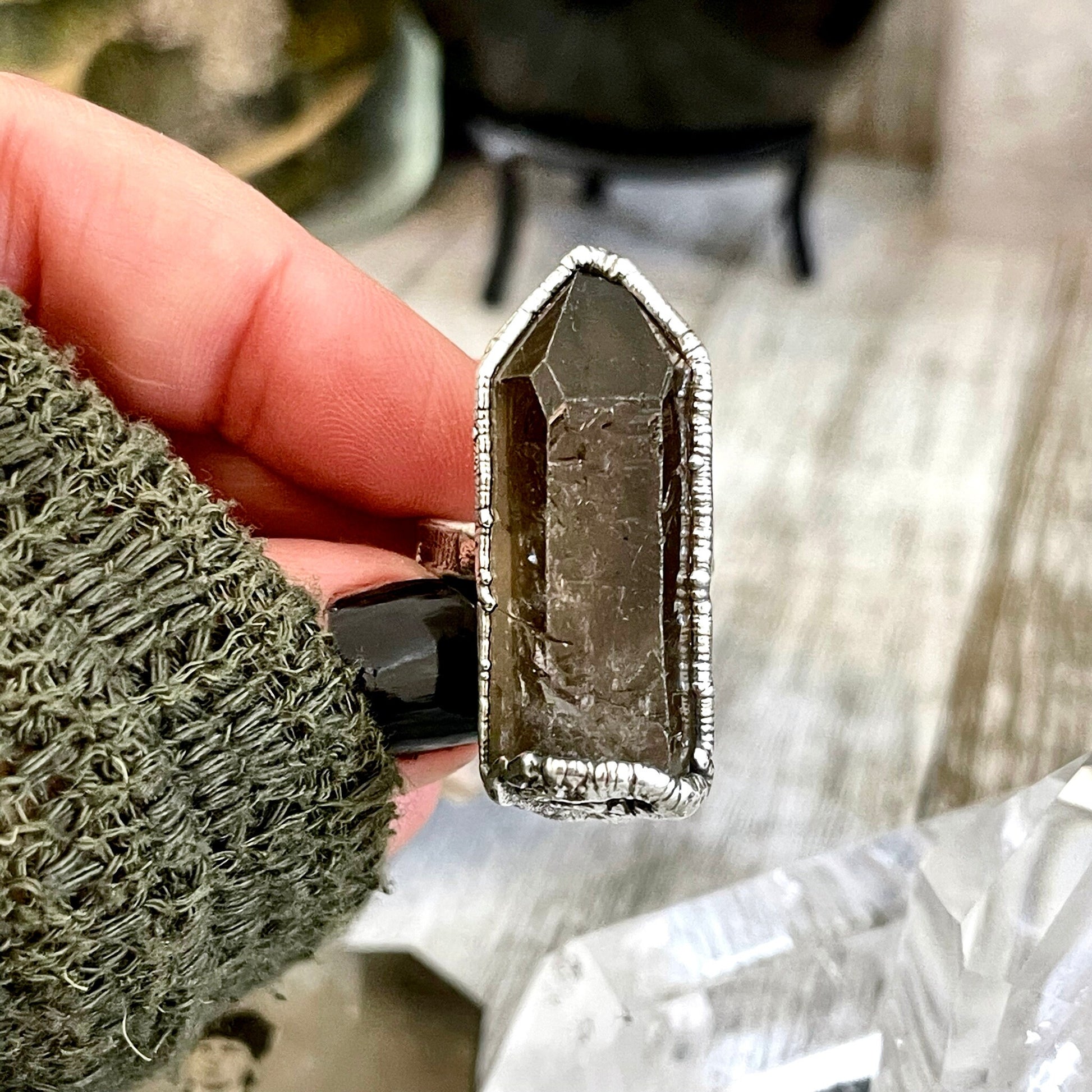 Size 7.5 Raw Smoky Quartz Crystal Cluster Ring Set in Fine Silver / Foxlark Collection - One of a Kind.