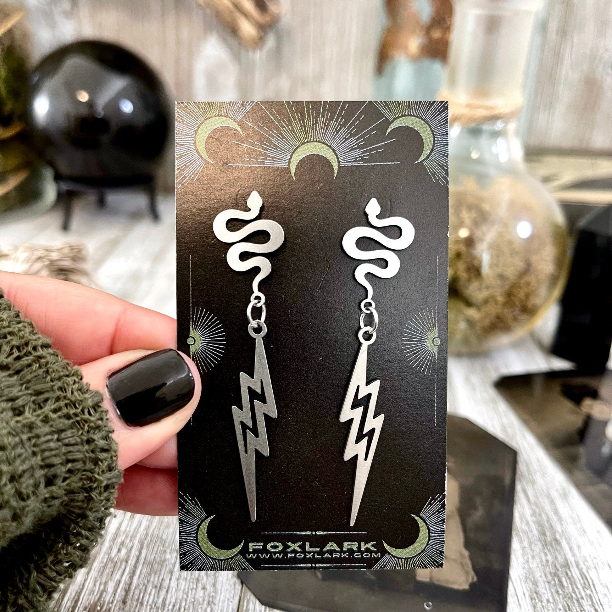 Snake and Lightning Bolt Stainless Steel Earrings / Snake Earrings  - Long Dangly Geometric Earrings.