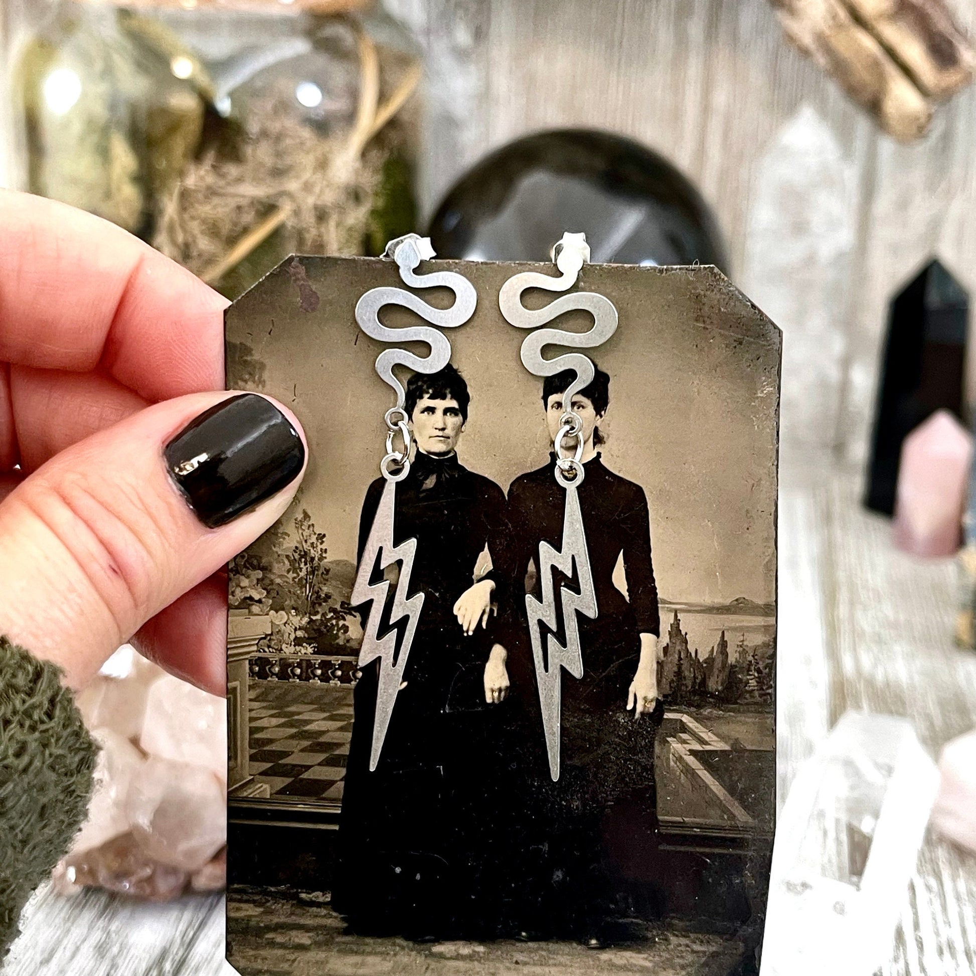 Snake and Lightning Bolt Stainless Steel Earrings / Snake Earrings  - Long Dangly Geometric Earrings.