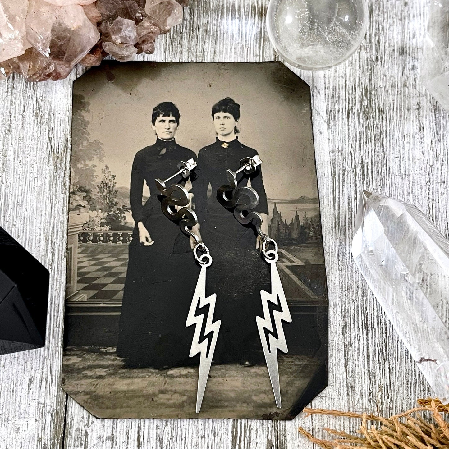 Snake and Lightning Bolt Stainless Steel Earrings / Snake Earrings  - Long Dangly Geometric Earrings.