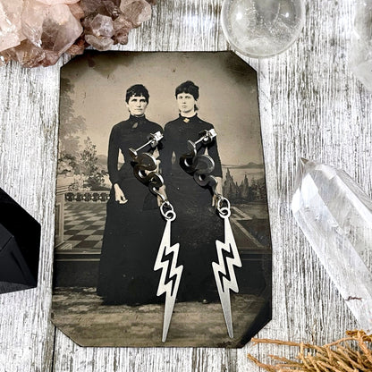 Snake and Lightning Bolt Stainless Steel Earrings / Snake Earrings  - Long Dangly Geometric Earrings.