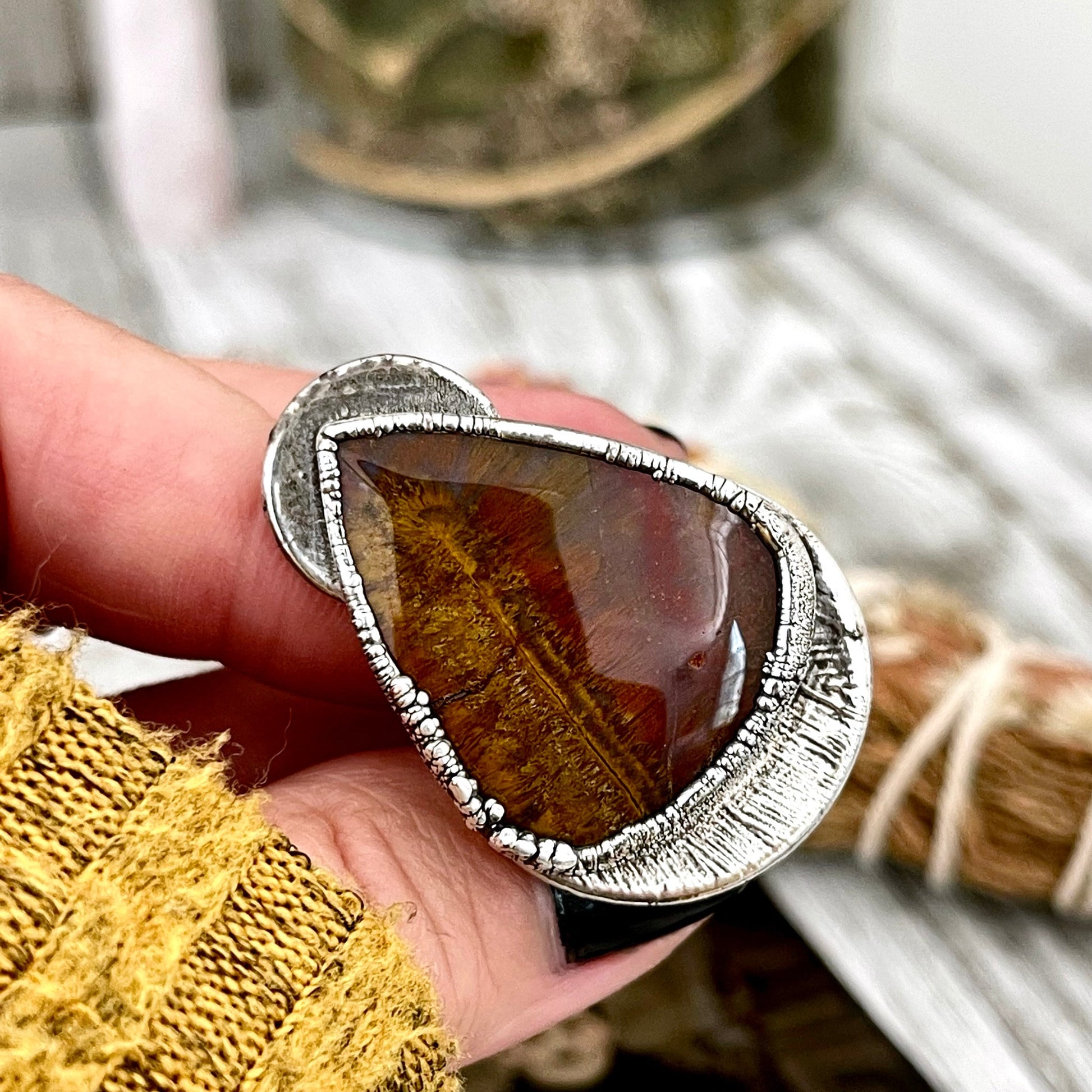 Size 7 Silver Natural Fancy Moss Agate Crystal Statement Ring / Foxlark Collection - One of a Kind.