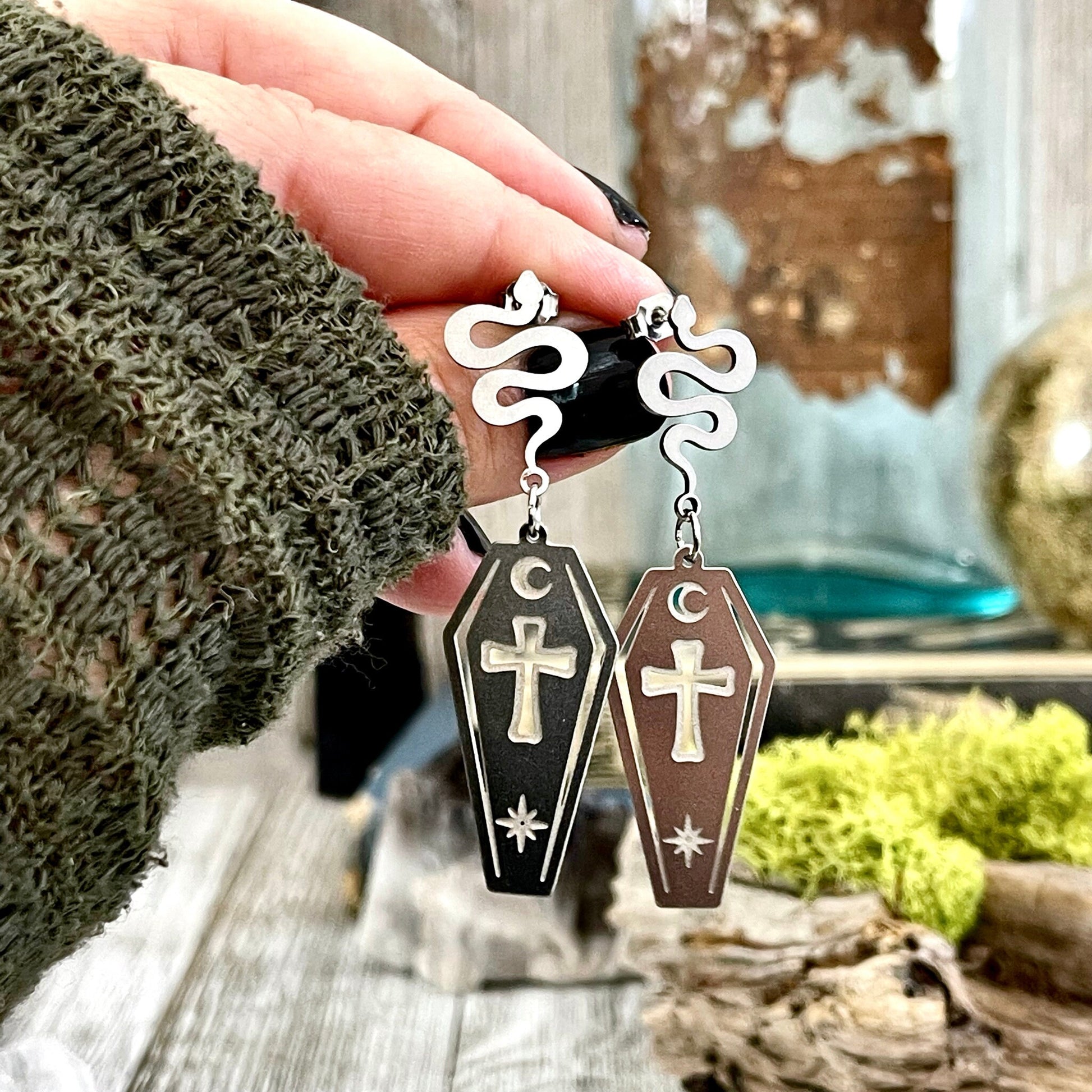 Coffin and Snake Earrings in Stainless Steel Earrings / Hypoallergenic Gothic Earring.