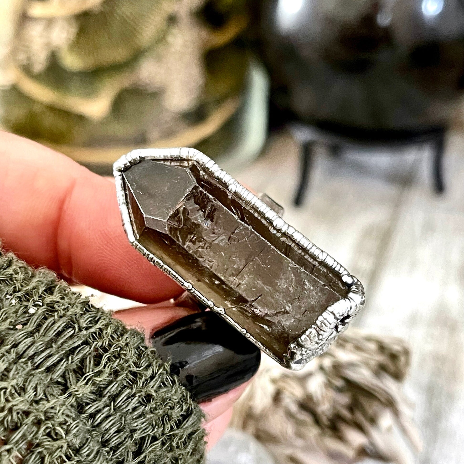 Size 7.5 Raw Smoky Quartz Crystal Cluster Ring Set in Fine Silver / Foxlark Collection - One of a Kind.