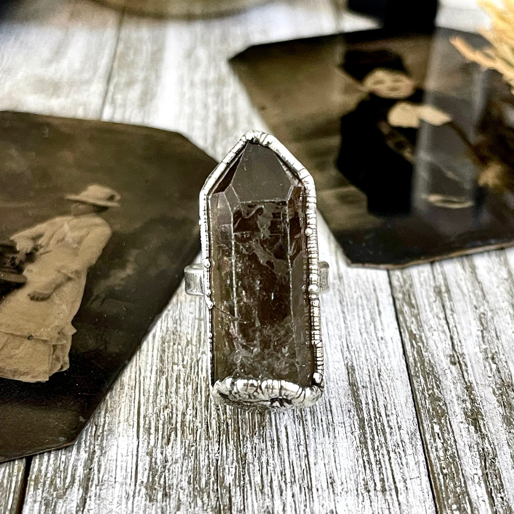 Size 7.5 Raw Smoky Quartz Crystal Cluster Ring Set in Fine Silver / Foxlark Collection - One of a Kind.