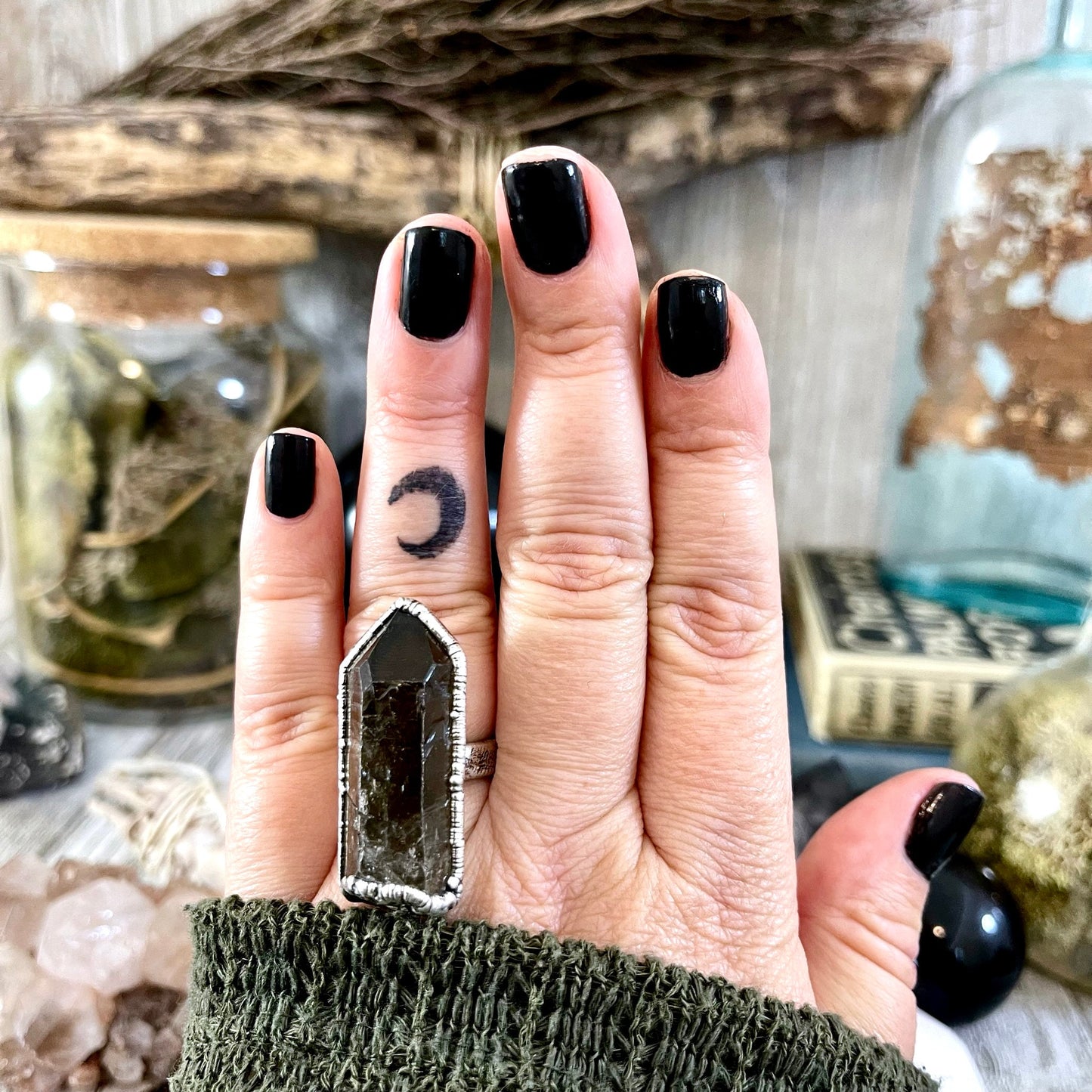 Size 7.5 Raw Smoky Quartz Crystal Cluster Ring Set in Fine Silver / Foxlark Collection - One of a Kind.