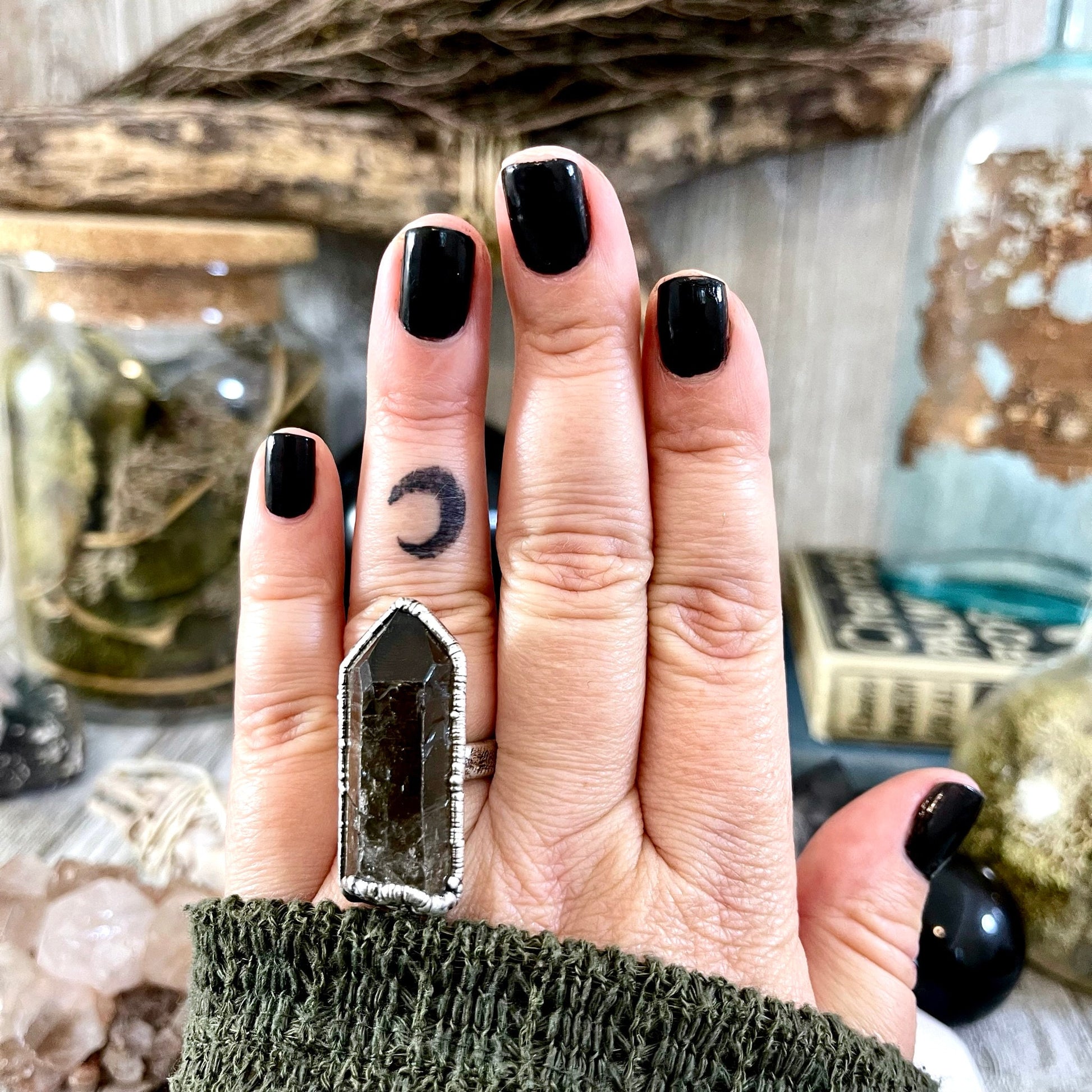 Size 7.5 Raw Smoky Quartz Crystal Cluster Ring Set in Fine Silver / Foxlark Collection - One of a Kind.