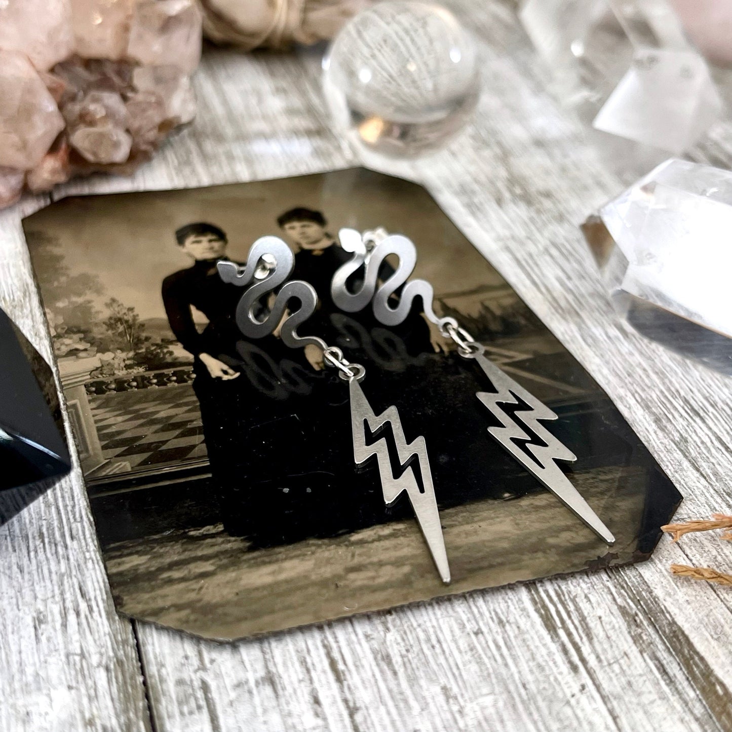 Snake and Lightning Bolt Stainless Steel Earrings / Snake Earrings  - Long Dangly Geometric Earrings.