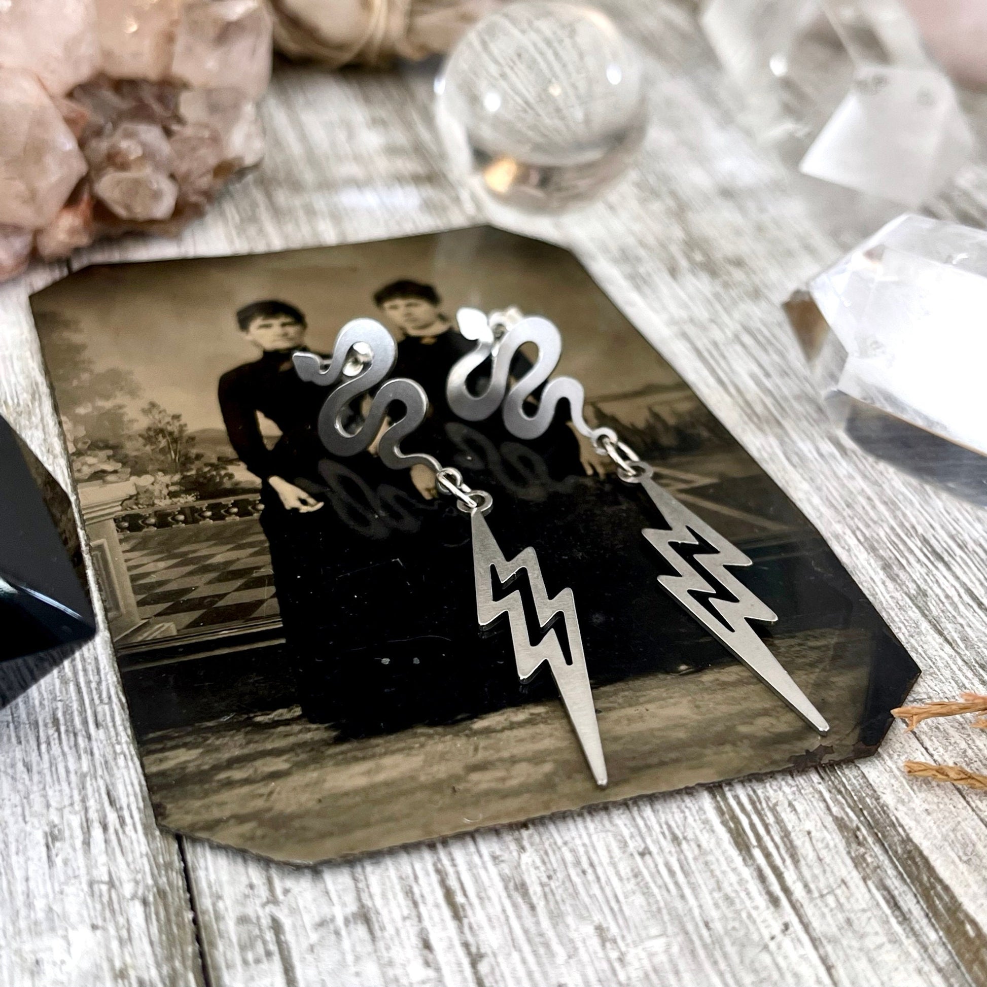 Snake and Lightning Bolt Stainless Steel Earrings / Snake Earrings  - Long Dangly Geometric Earrings.