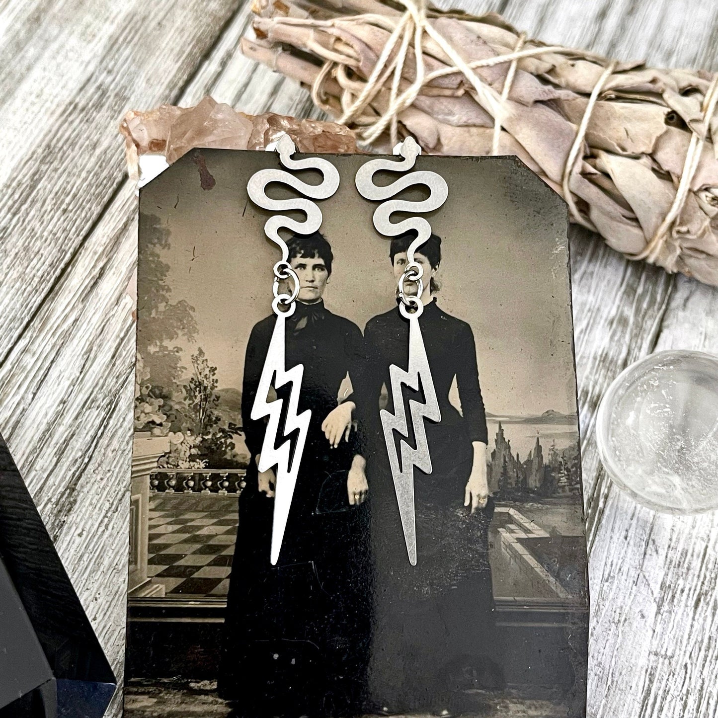 Snake and Lightning Bolt Stainless Steel Earrings / Snake Earrings  - Long Dangly Geometric Earrings.