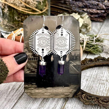 Evil Eye and Amethyst Earrings Sterling Silver & Stainless Steel Earrings /.