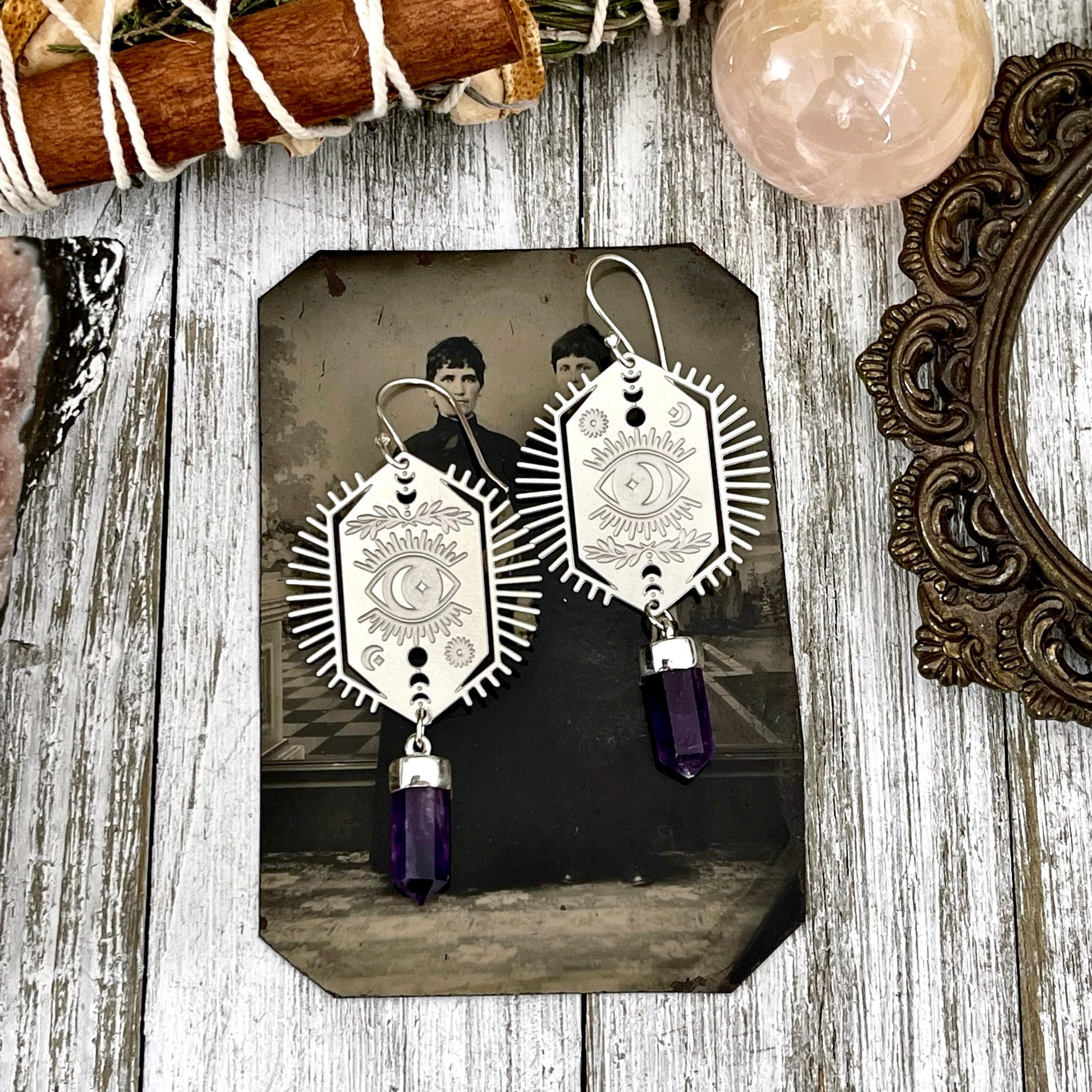Evil Eye and Amethyst Earrings Sterling Silver & Stainless Steel Earrings /.