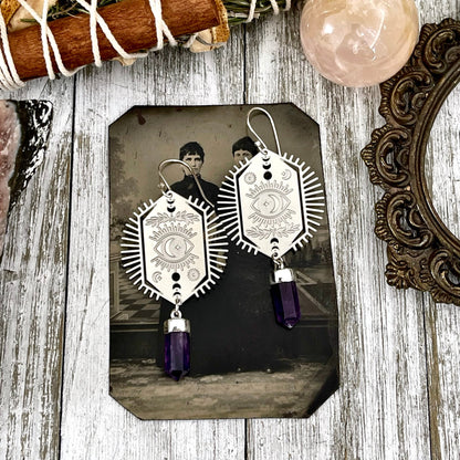 Evil Eye and Amethyst Earrings Sterling Silver & Stainless Steel Earrings /.