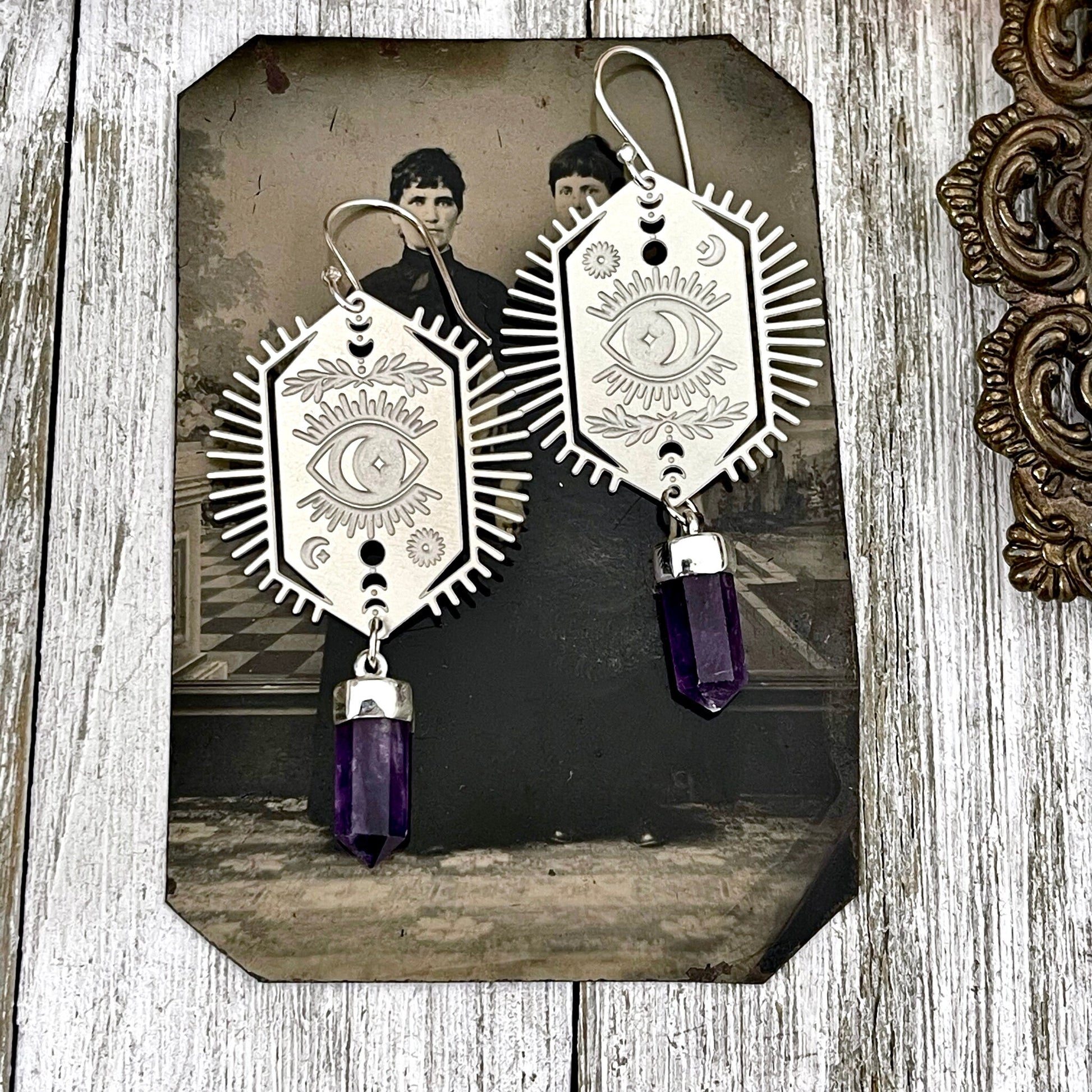 Evil Eye and Amethyst Earrings Sterling Silver & Stainless Steel Earrings /.