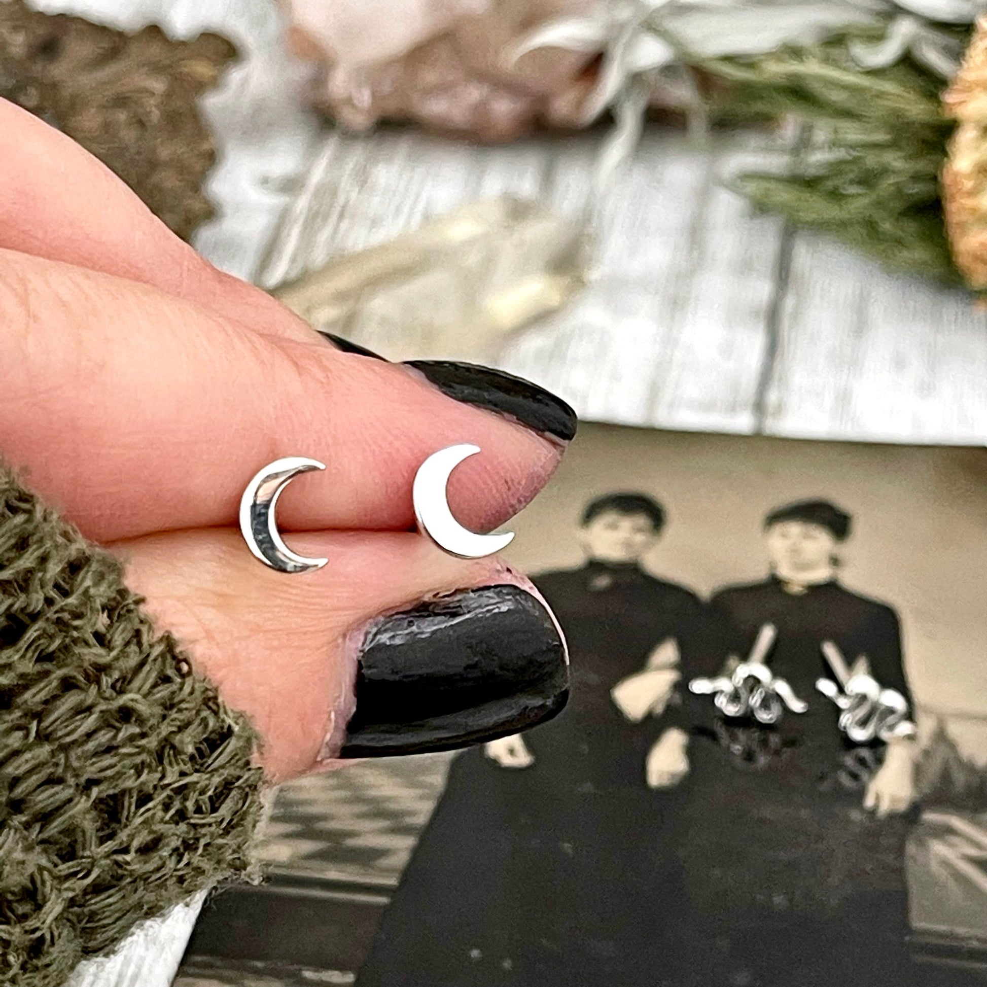 Tiny Crescent Moon and Snake Stud Earring Set /.