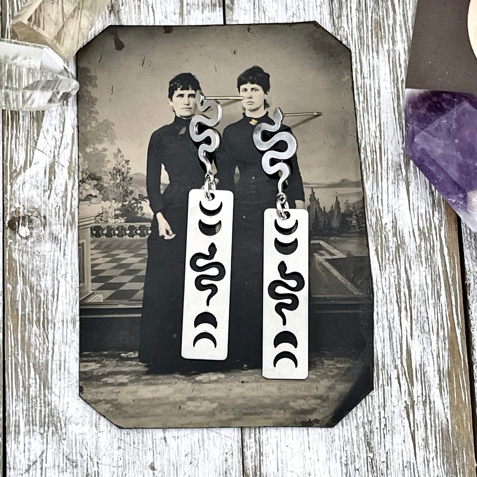 Snake and Moon Phases Stainless Steel Earrings /.