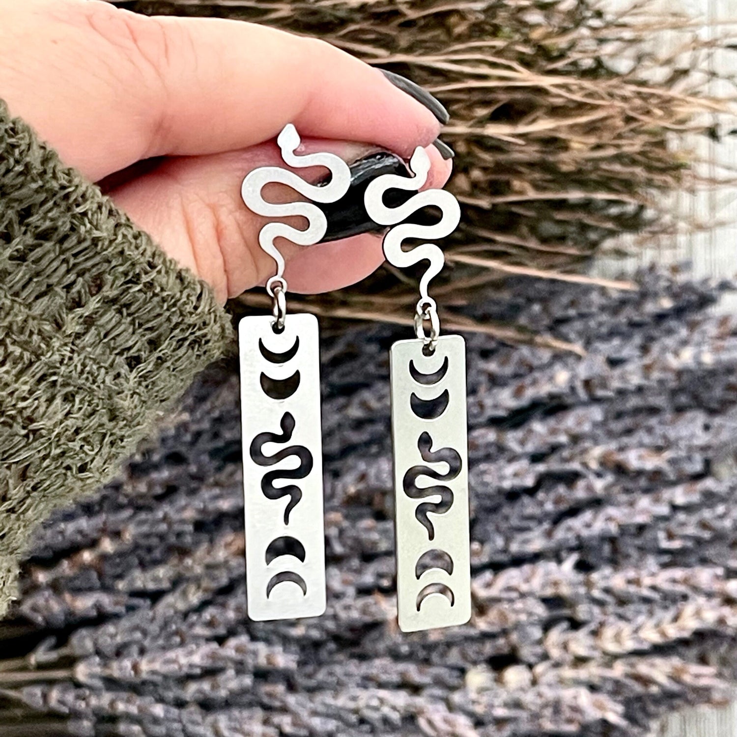 Snake and Moon Phases Stainless Steel Earrings /.