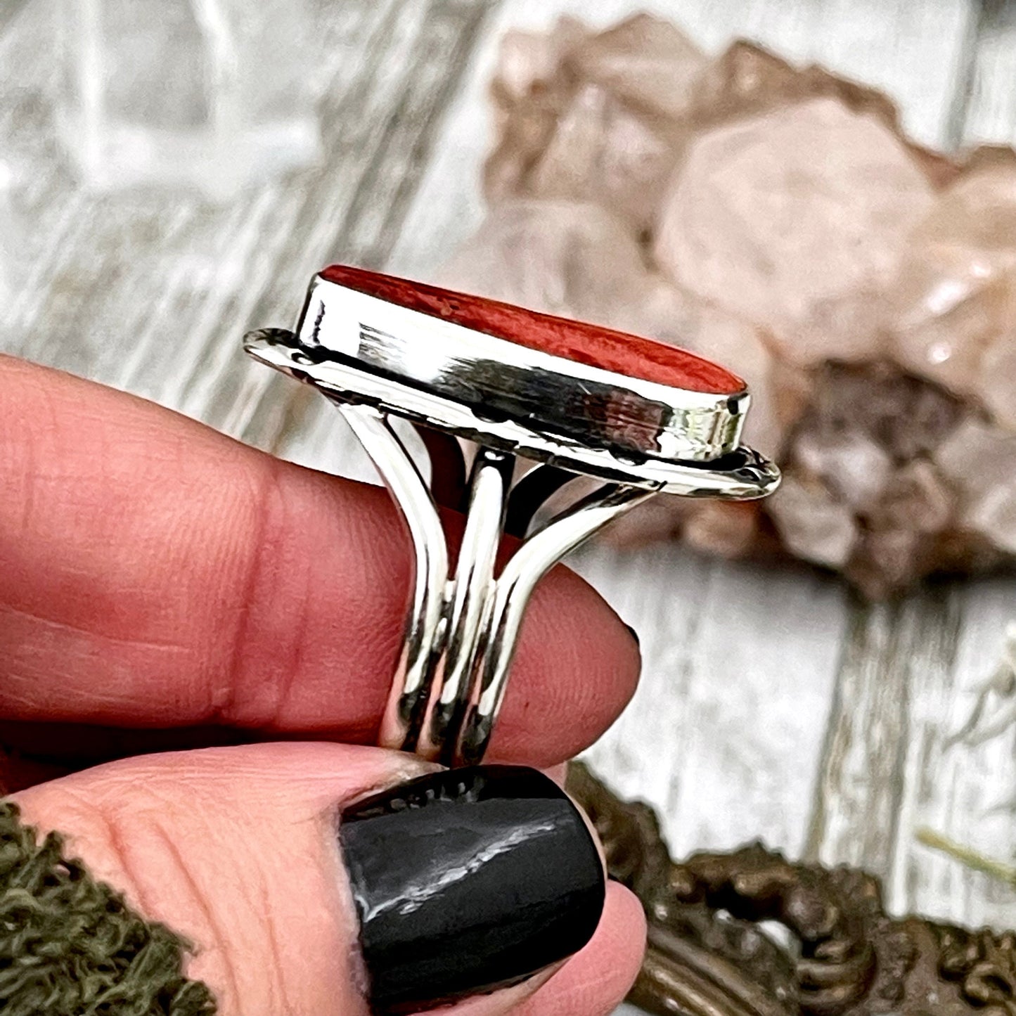 Size 9.5 Stunning Spiny Oyster Statement Ring Set in Sterling Silver / Curated by FOXLARK Collection.