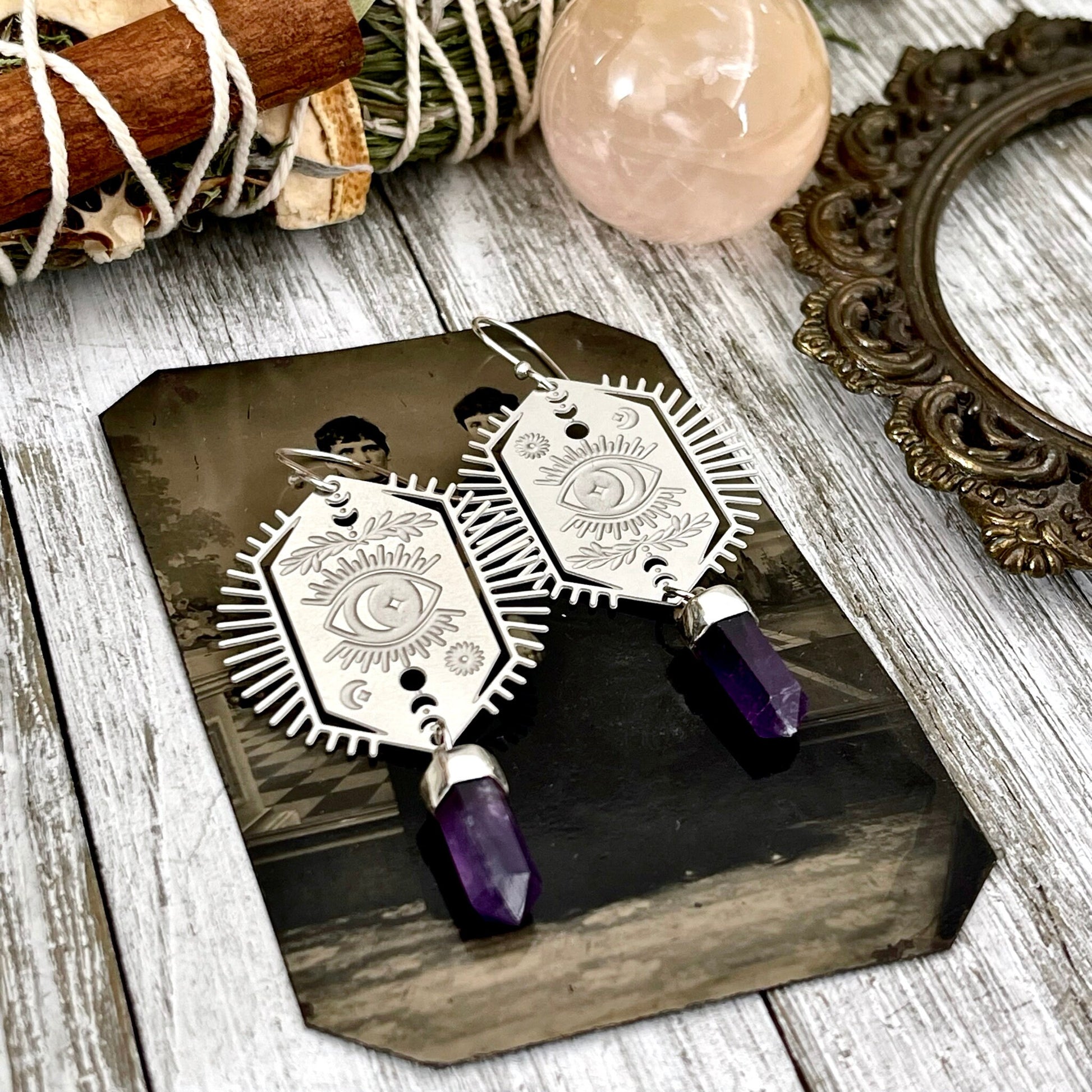 Evil Eye and Amethyst Earrings Sterling Silver & Stainless Steel Earrings /.