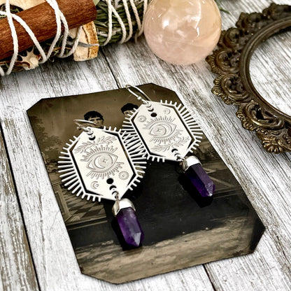 Evil Eye and Amethyst Earrings Sterling Silver & Stainless Steel Earrings /.
