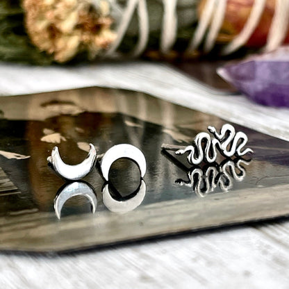 Tiny Crescent Moon and Snake Stud Earring Set /.