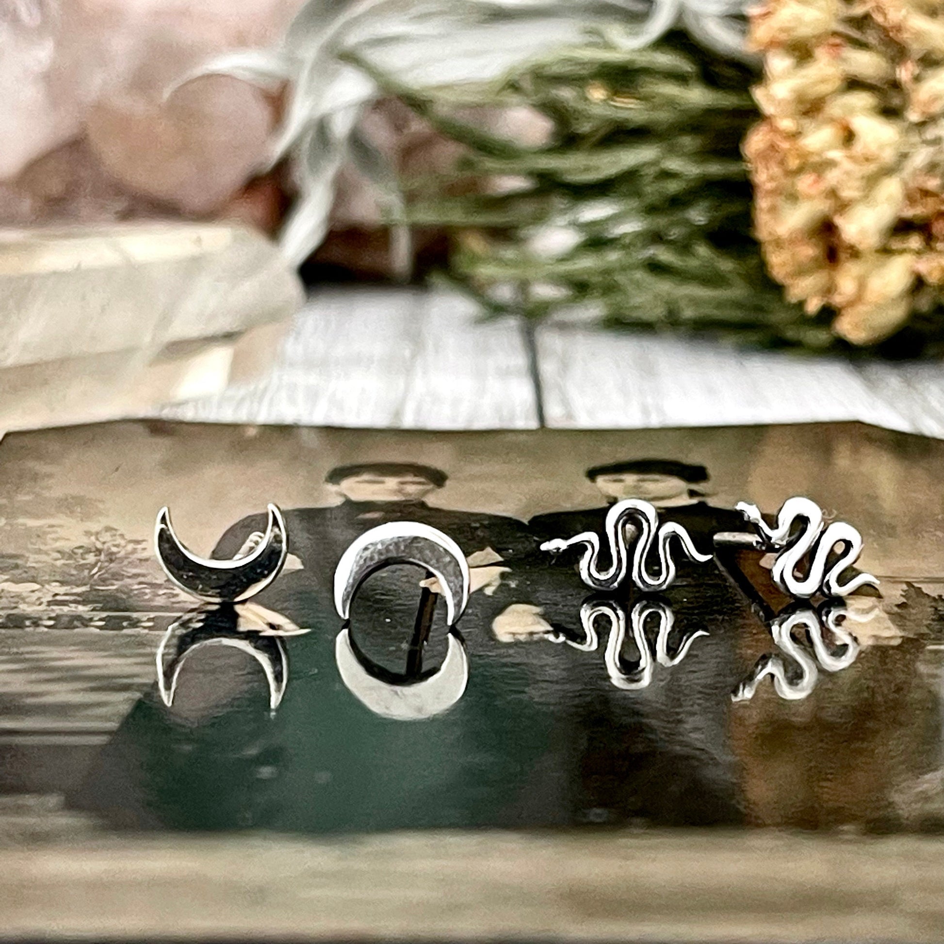 Tiny Crescent Moon and Snake Stud Earring Set /.