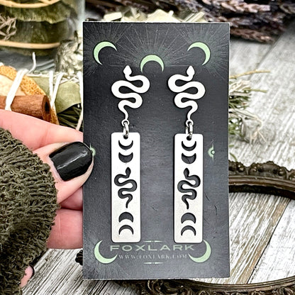 Snake and Moon Phases Stainless Steel Earrings /.