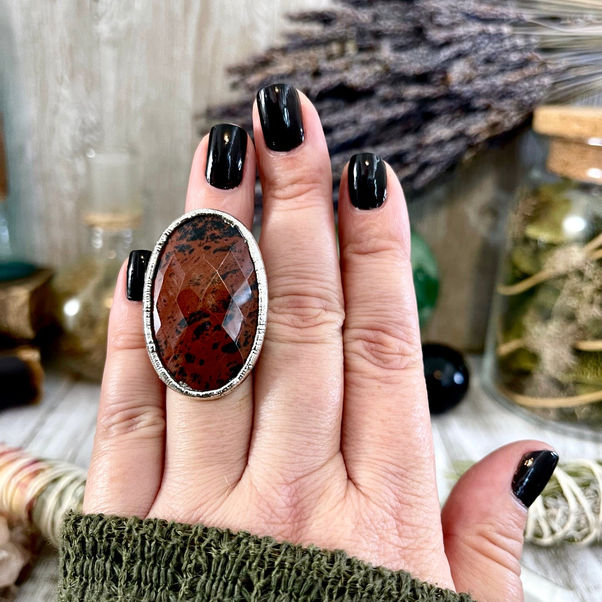 Big Silver Ring, Big Stone Ring, boho jewelry, crystal healing, Electroformed Ring, Etsy ID: 1560809191, FOXLARK- RINGS, gypsy ring, Hippie Ring, Jewelry, Large Crystal Ring, Mahogany Obsidian, Obsidian ring, raw crystal ring, raw quartz crystal, Rings, S