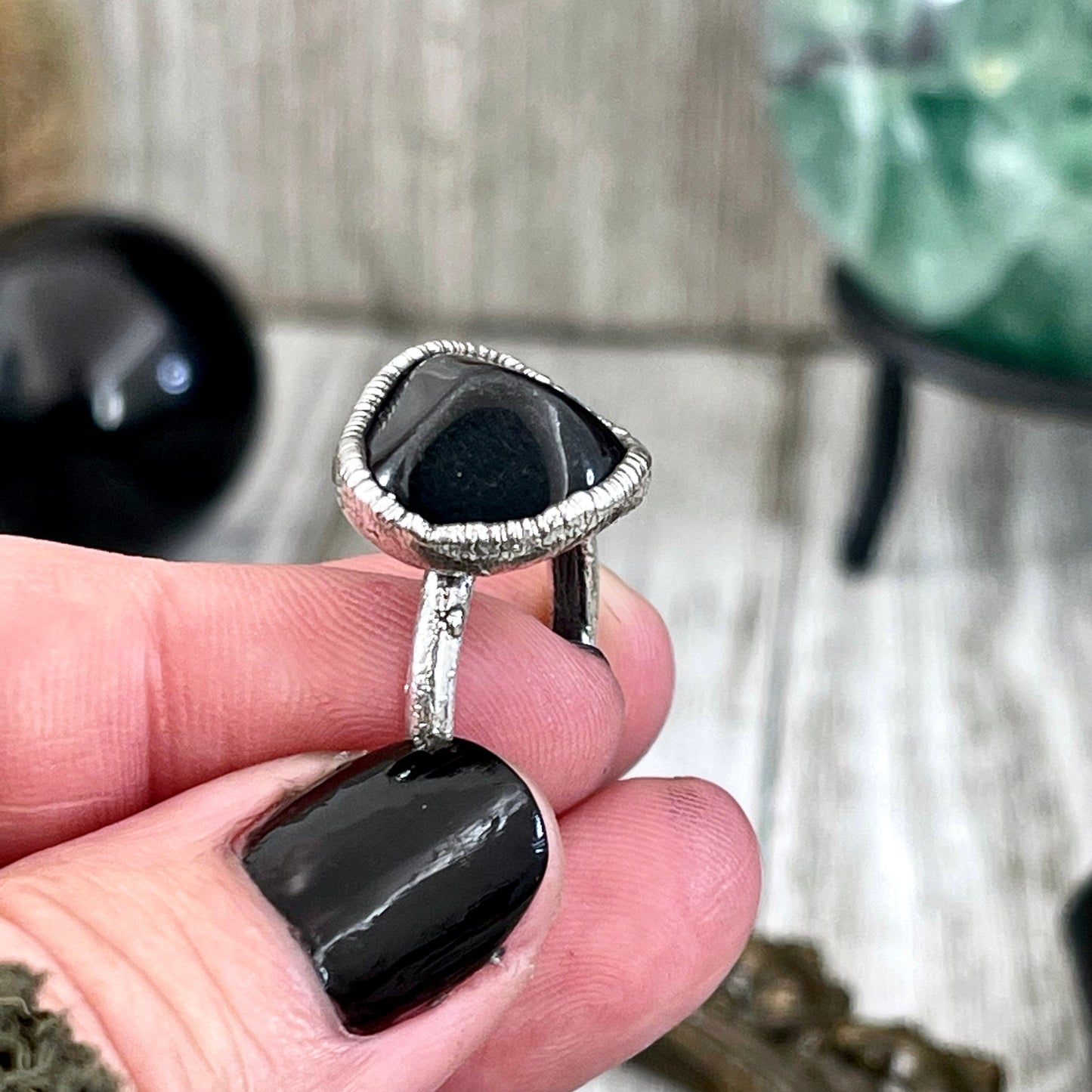 Natural Black Onyx Small Stone Ring in Fine Silver Size 5 6 7 8 9 10 / Foxlark Collection