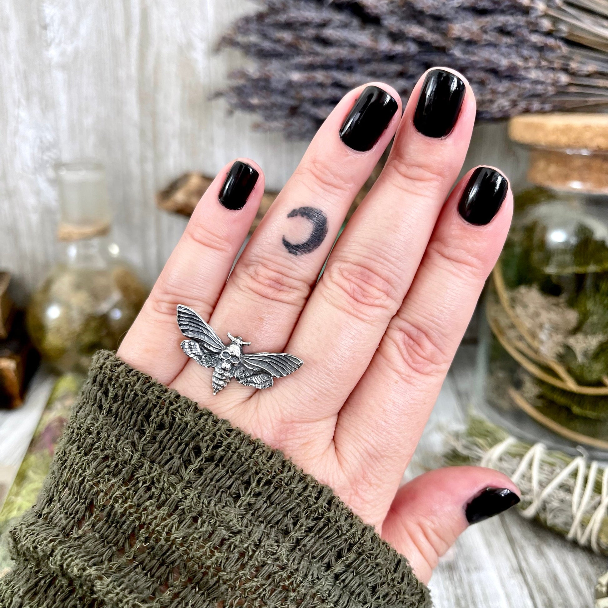 Alternative Ring, Bohemian Ring, boho jewelry, boho ring, CURATED- RINGS, Death's Head Moth, Etsy ID: 1568342074, Festival Jewelry, Gift for Woman, Gothic Jewelry, Gothic Ring, gypsy ring, Jewelry, Rings, Statement Rings, Witch Jewelry, Witch necklace, Wi