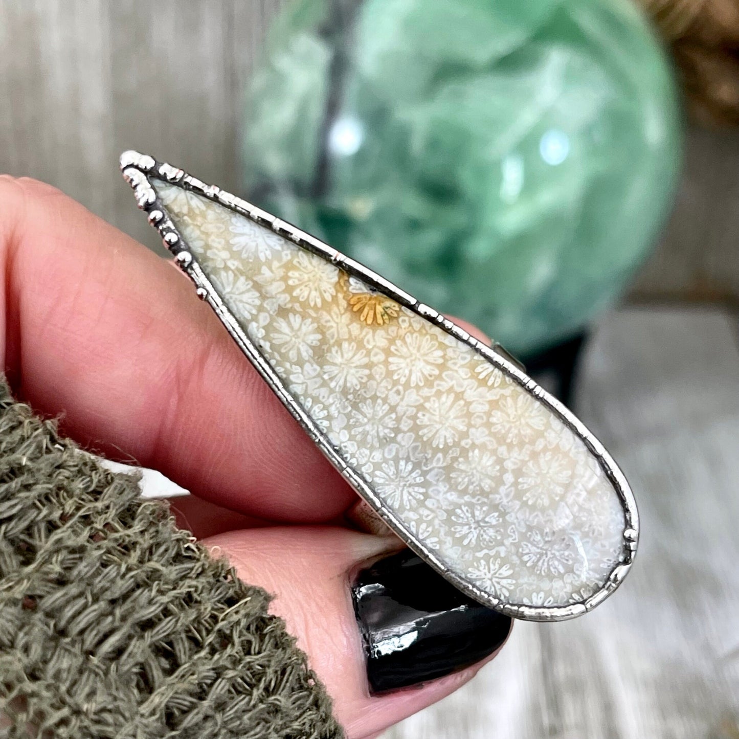 big Silver ring, Big Statement ring, Bohemian Jewelry, Bohemian Ring, Boho Crystal Jewelry, Boho Ring, Crystal Jewelry, Crystal Ring, Etsy ID: 1576291893, Fossil Coral Ring, FOXLARK- RINGS, Gypsy Jewelry, Jewelry, Large Stone Ring, Natural Stone Ring, Rin