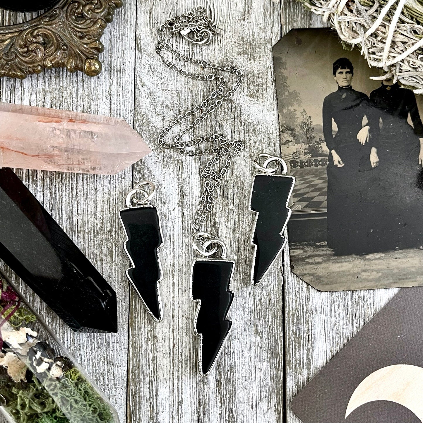 Black Onyx Necklace, Bohemian Jewelry, Bohemian Necklace, Crystal Jewelry, Crystal Necklace, Crystal Necklaces, Etsy ID: 1586973106, FOXLARK- NECKLACES, Gothic Jewelry, Gothic Necklace, Gothic Pendent, Jewelry, Lightning Bolt, Lightning Bolt Cab, Necklace