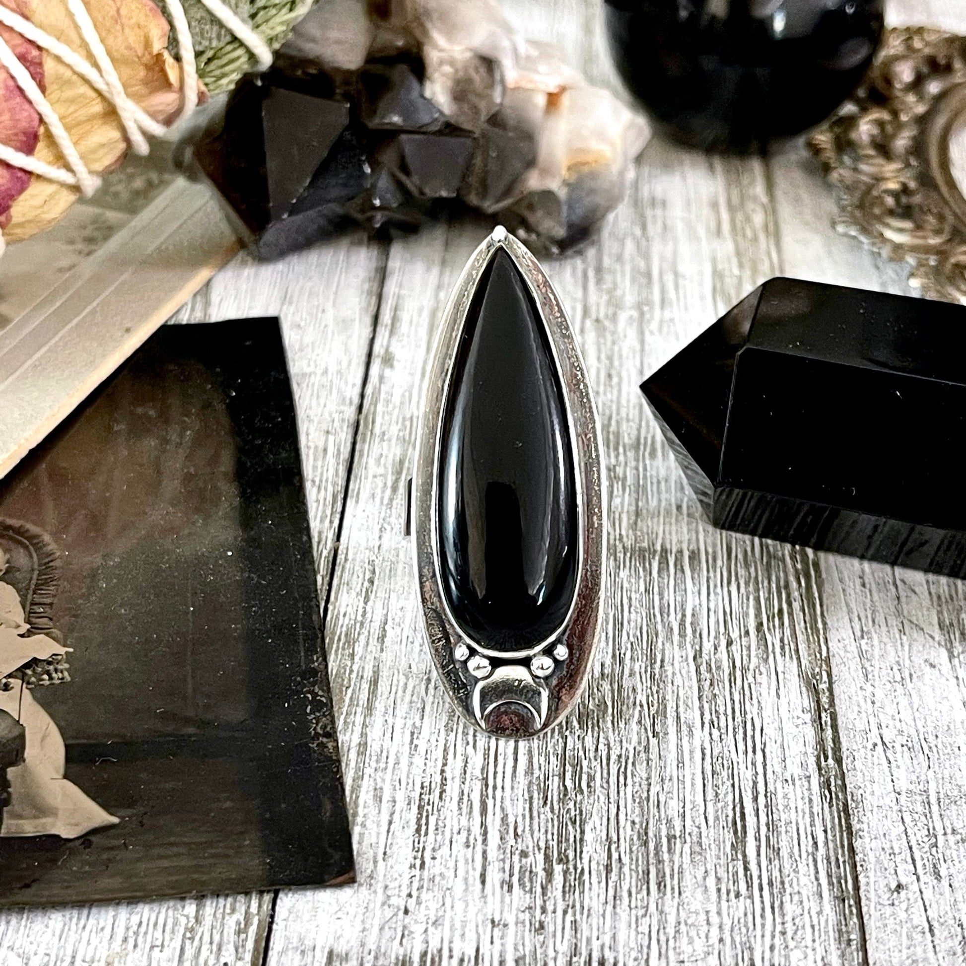 Black Onyx Ring in Sterling Silver, Magic Moon Ring/  Designed by FOXLARK Collection Adjustable to Size 6 7 8 9 10.