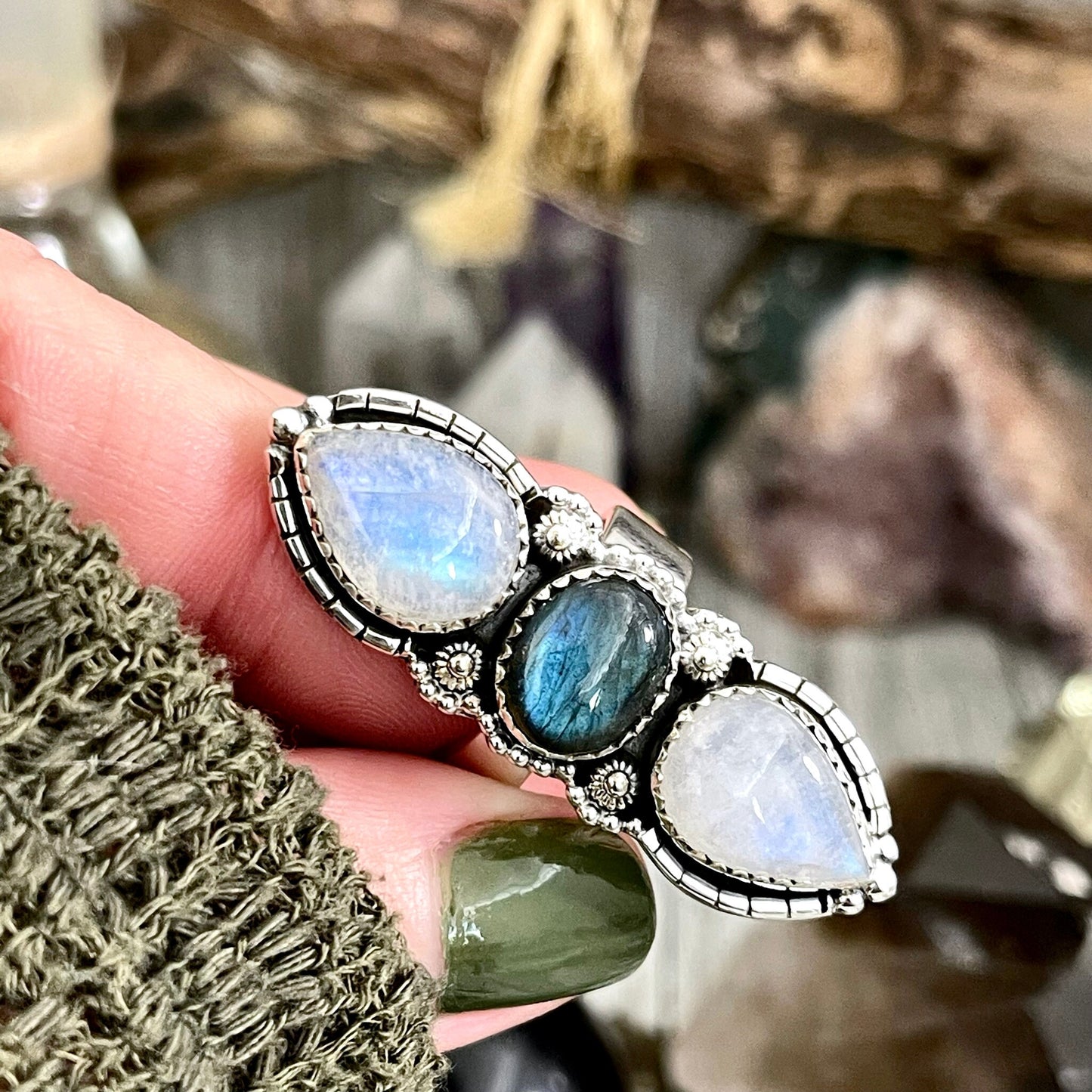 3 Stone Ring, Adjustable Ring, Big Crystal Ring, Big Stone Ring, Bohemian Ring, Boho Jewelry, Boho Ring, Etsy ID: 1592379350, Festival Jewelry, Foxlark- Rings, Gift For Woman, Jewelry, Labradorite Ring, Rainbow Moonstone, Rings, Statement Rings, Three Sto