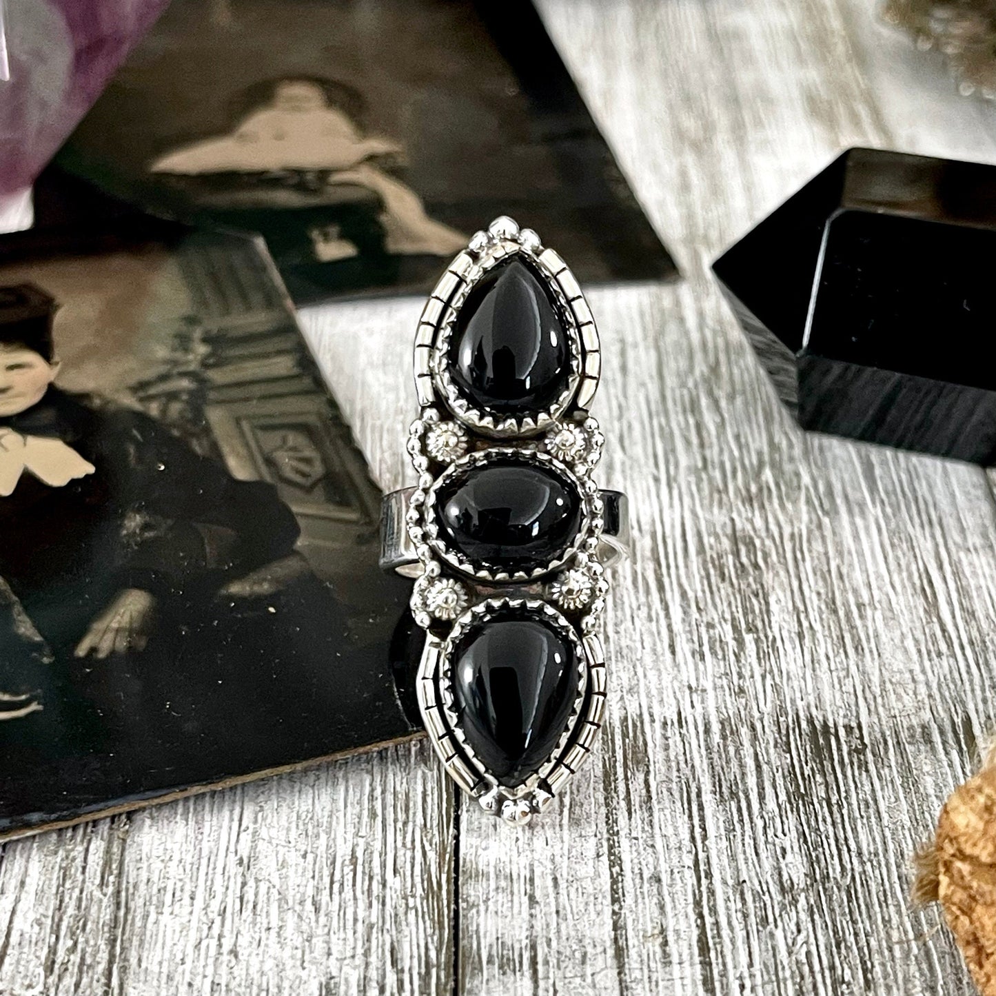 Three Stone Black Onyx Ring in Sterling Silver- Designed by FOXLARK Collection Adjustable to Size 6 7 8 9 / Big Crystal Ring Witchy Jewelry.