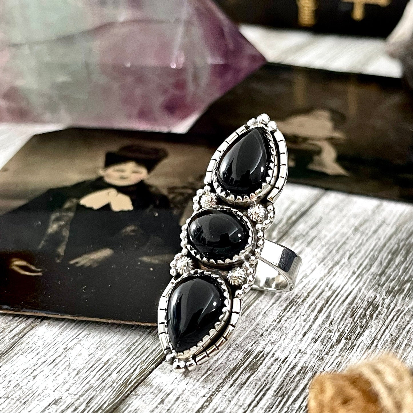 Three Stone Black Onyx Ring in Sterling Silver- Designed by FOXLARK Collection Adjustable to Size 6 7 8 9 / Big Crystal Ring Witchy Jewelry.