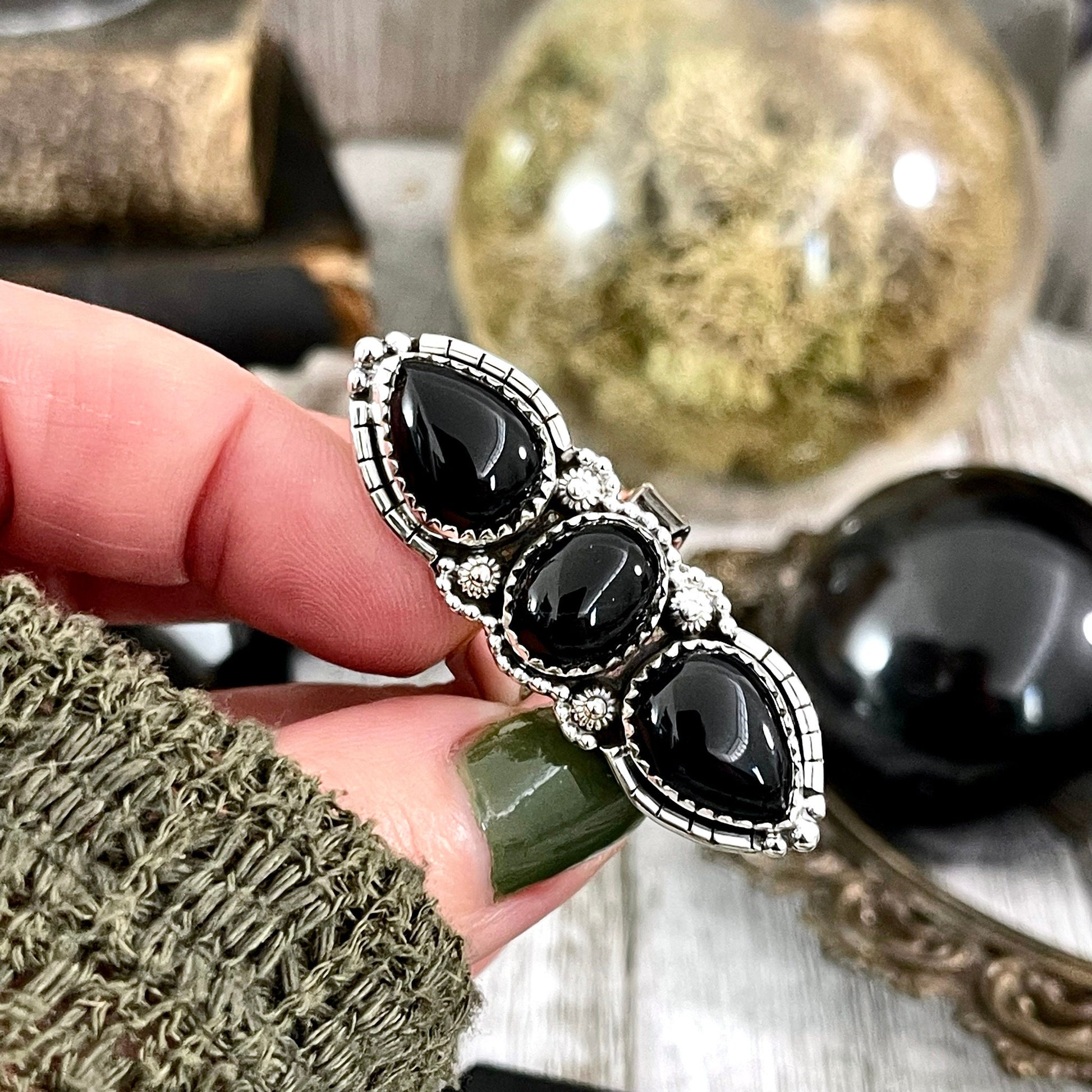 Three Stone Black Onyx Ring in Sterling Silver- Designed by FOXLARK Collection Adjustable to Size 6 7 8 9 / Big Crystal Ring Witchy Jewelry.