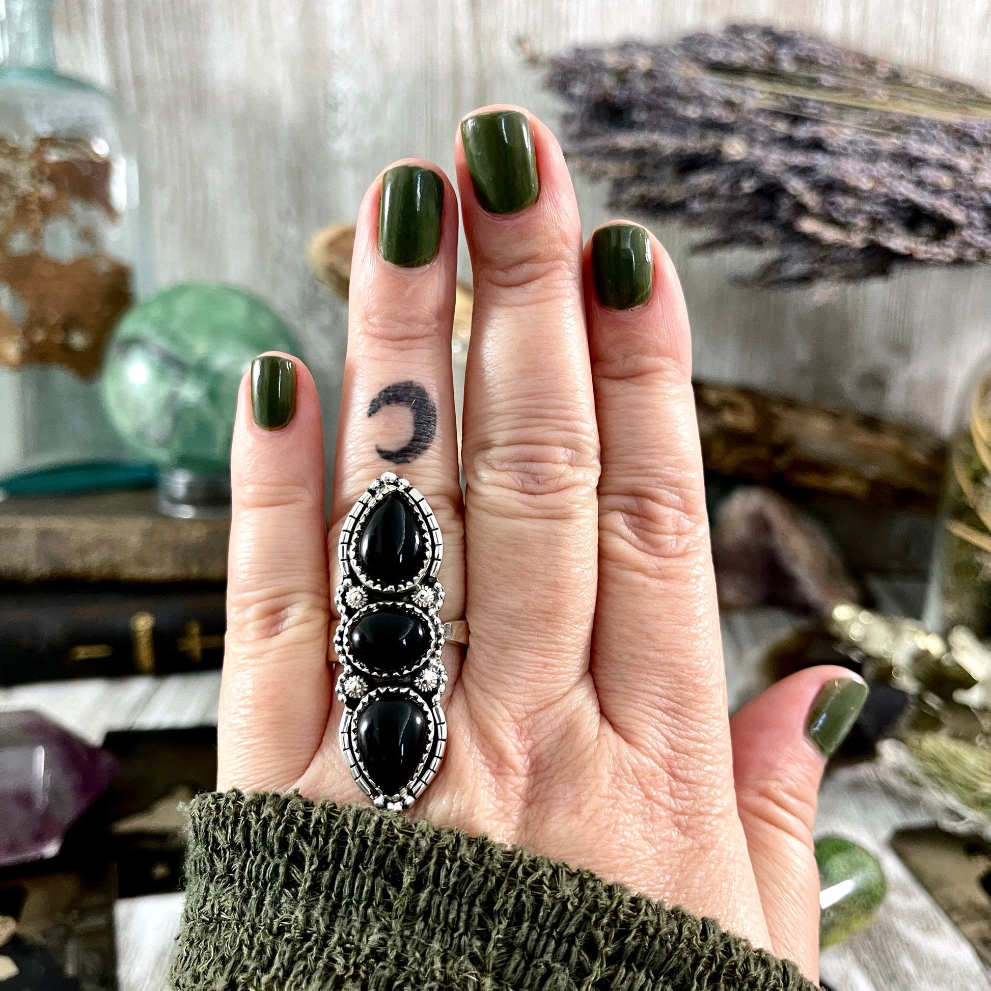 Three Stone Black Onyx Ring in Sterling Silver- Designed by FOXLARK Collection Adjustable to Size 6 7 8 9 / Big Crystal Ring Witchy Jewelry.