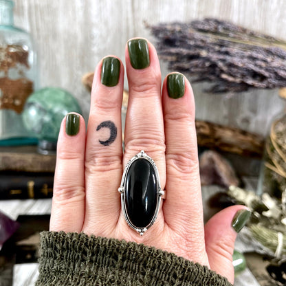 Black Onyx Oval Crystal Statement Ring in Sterling Silver - Designed by FOXLARK Collection Adjustable to Size 6 7 8 9 | Stone Ring.