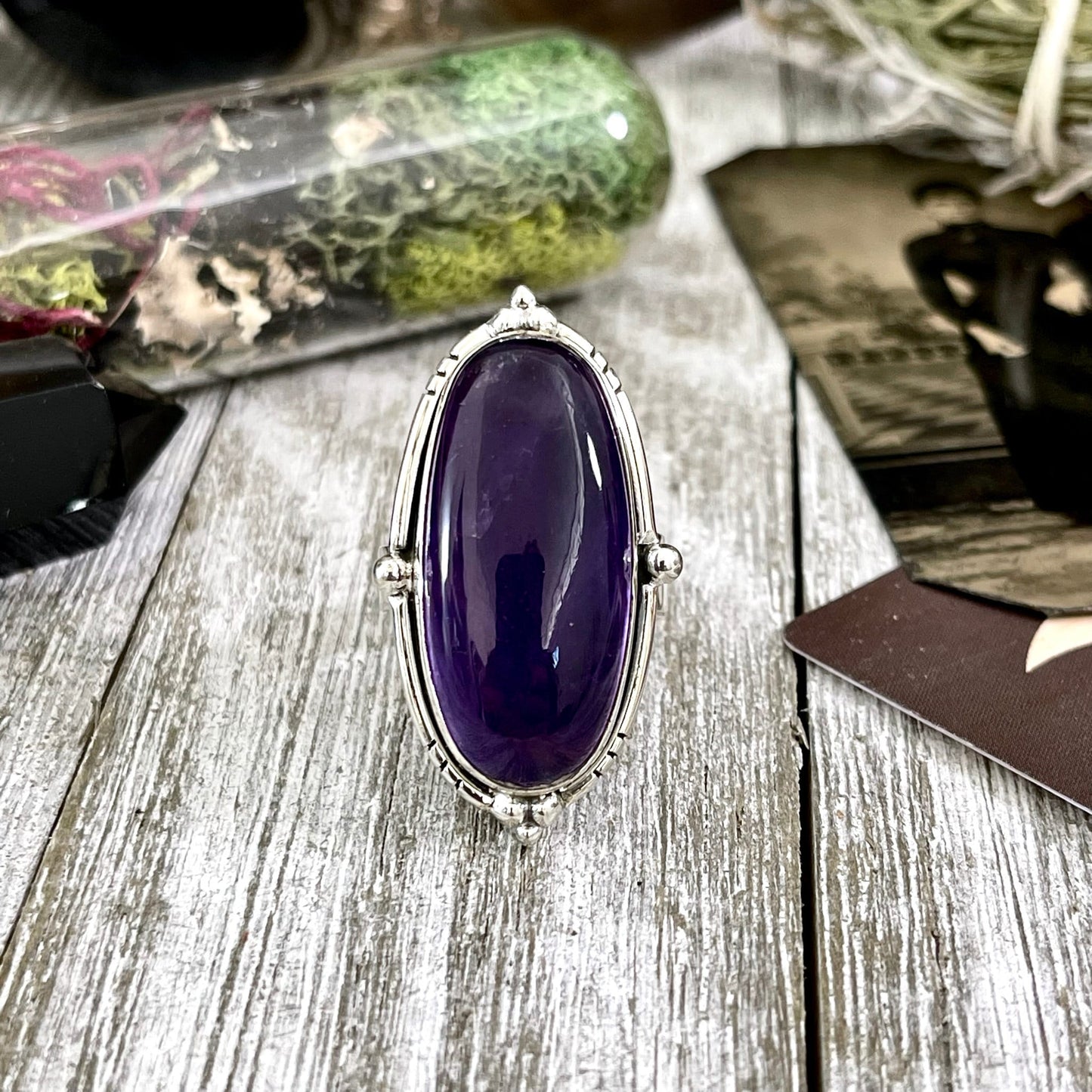 Purple Amethyst Oval Crystal Statement Ring in Sterling Silver - Designed by FOXLARK Collection Adjustable to Size 6 7 8 9.